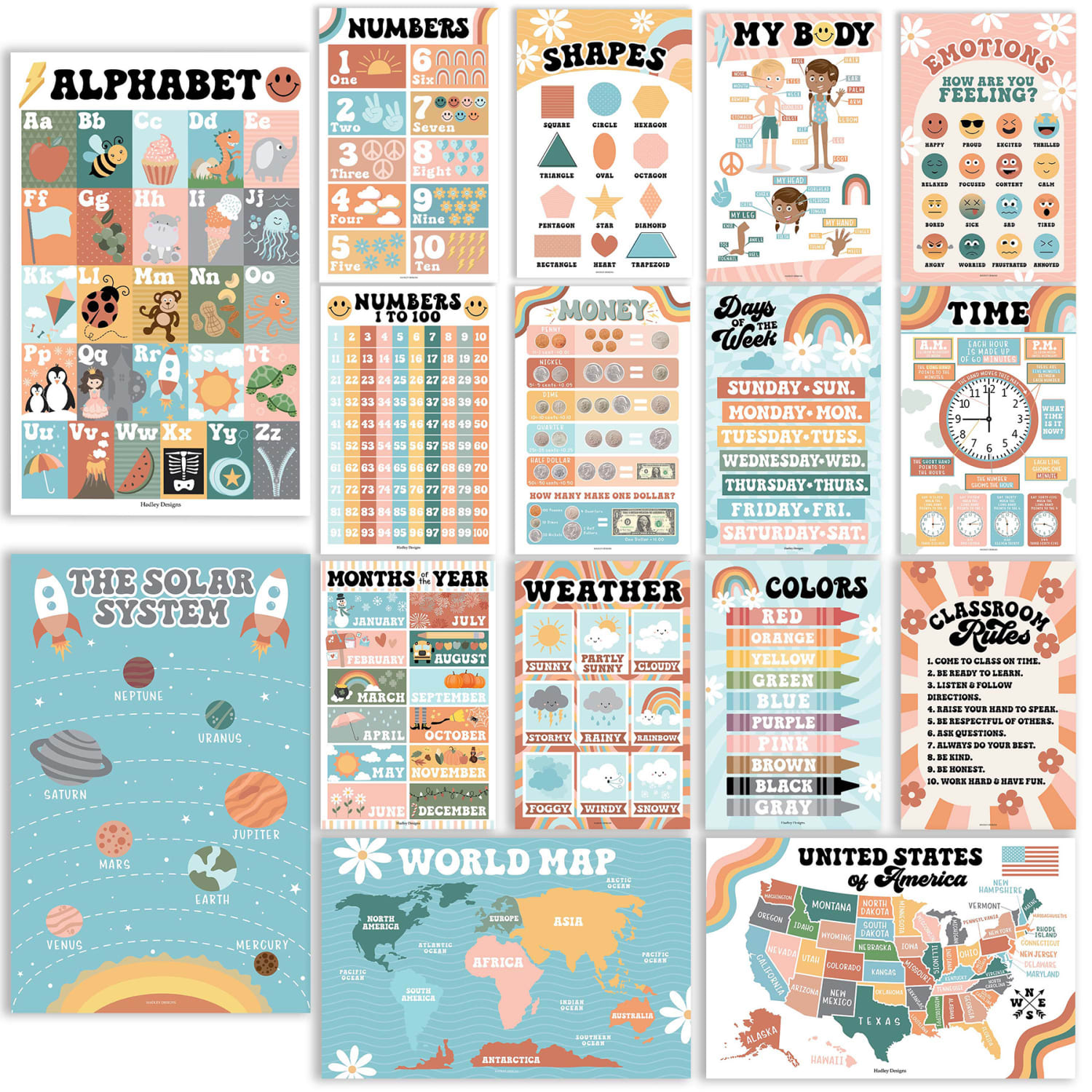 Hadley Designs Laminated Posters, Retro Boho Preschool Educational For Toddlers, Set Of 16