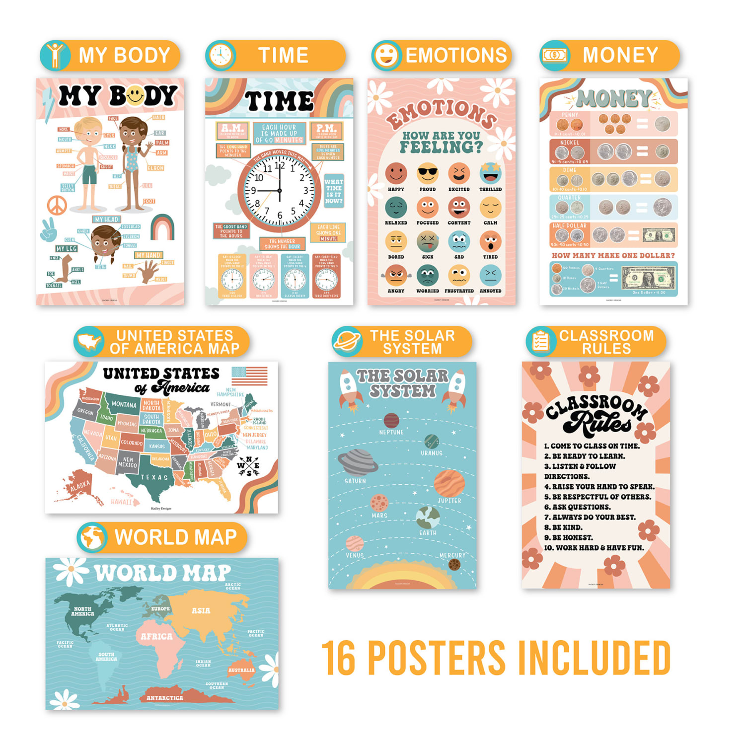 Hadley Designs Laminated Posters, Retro Boho Preschool Educational For Toddlers, Set Of 16 - Image 3