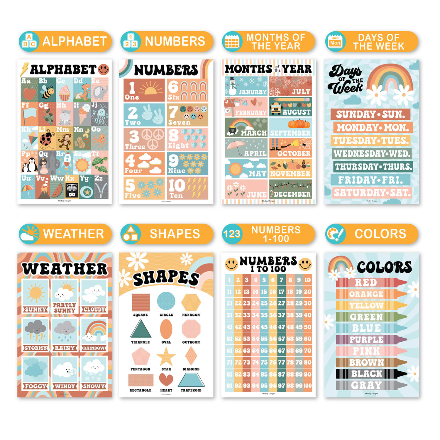 Hadley Designs Laminated Posters, Retro Boho Preschool Educational For Toddlers, Set Of 16 - Image 4