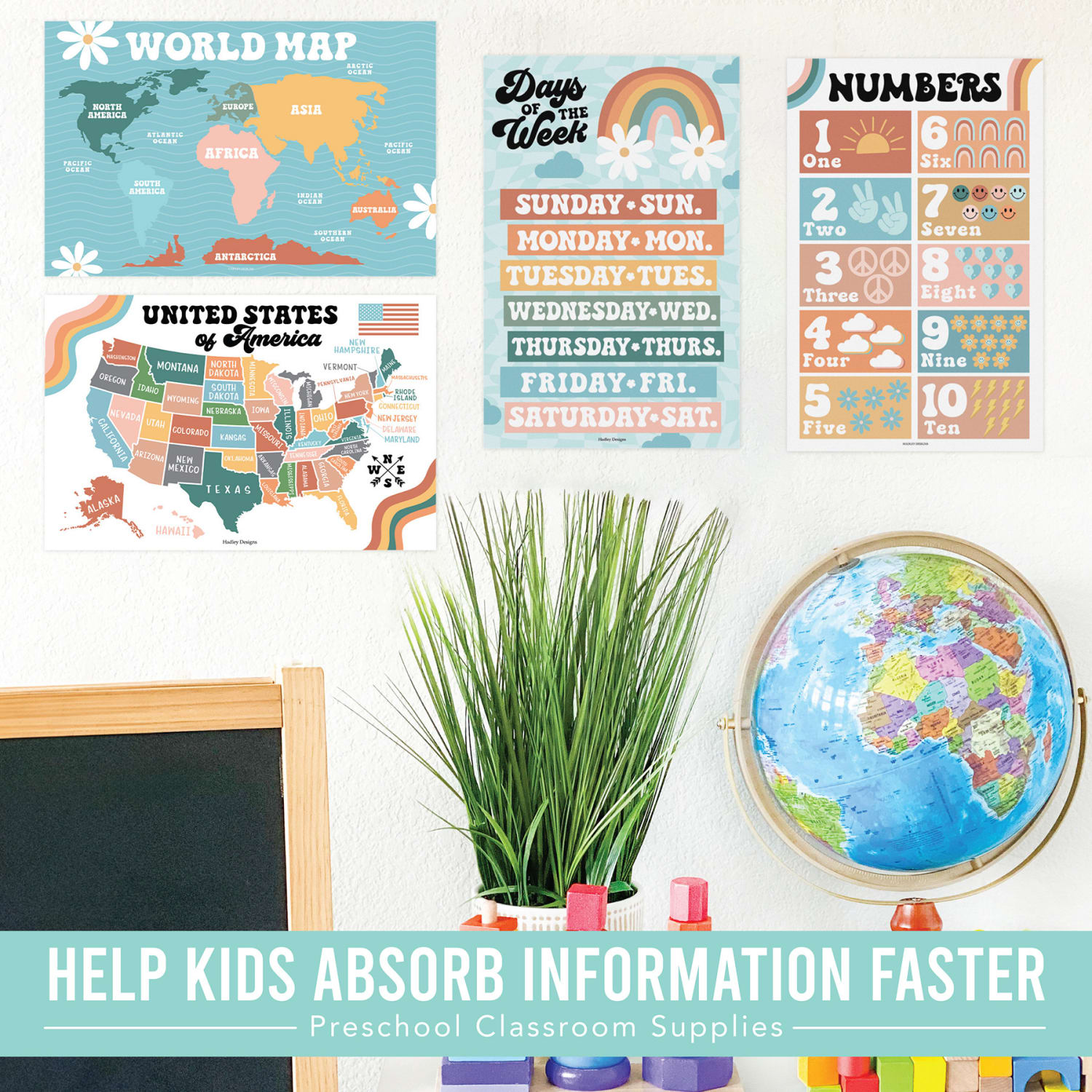 Hadley Designs Laminated Posters, Retro Boho Preschool Educational For Toddlers, Set Of 16 - Image 5