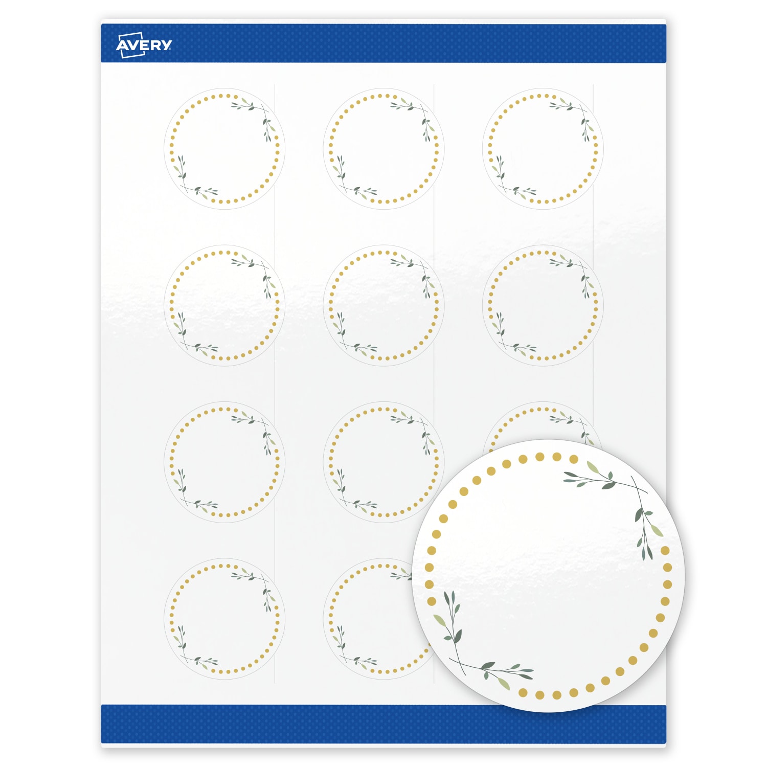 Avery Print-To-The-Edge Labels & Sure Feed, S00-D2T-PRWGP10, 2in Round, Glossy White, Preprinted Green Floral & Gold Dots Design, Pack Of 120 - Image 3