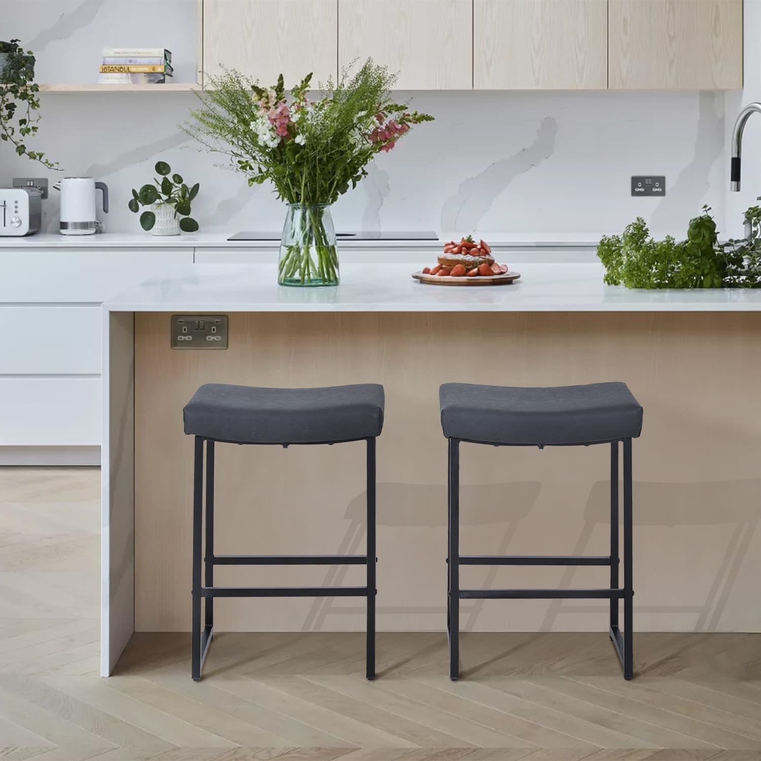 ALPHA HOME Saddle Design PU Leather Counter-Height Stools, Black, Set Of 2 Stools - Image 6