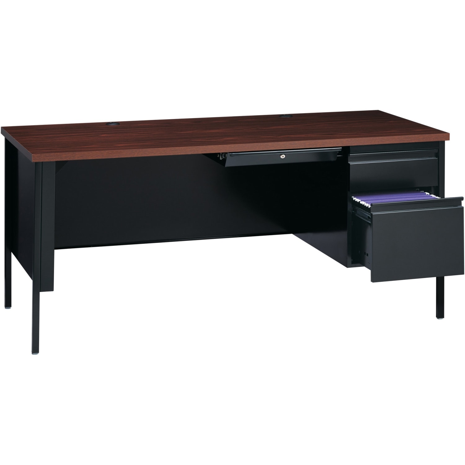 Lorell Fortress 66inW Steel Pedestal Computer Desk, Right, Black/Walnut - Image 4