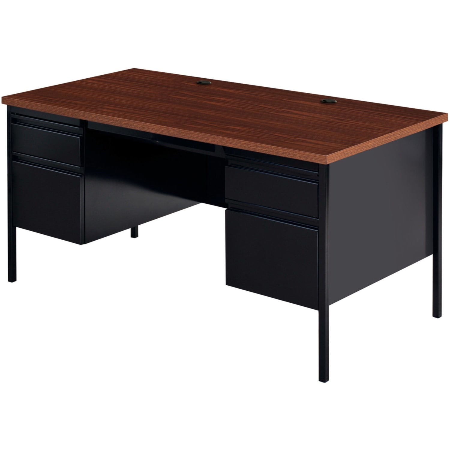Lorell Fortress Series 60inW Steel Double Pedestal Writing Desk, Black /Walnut - Image 5