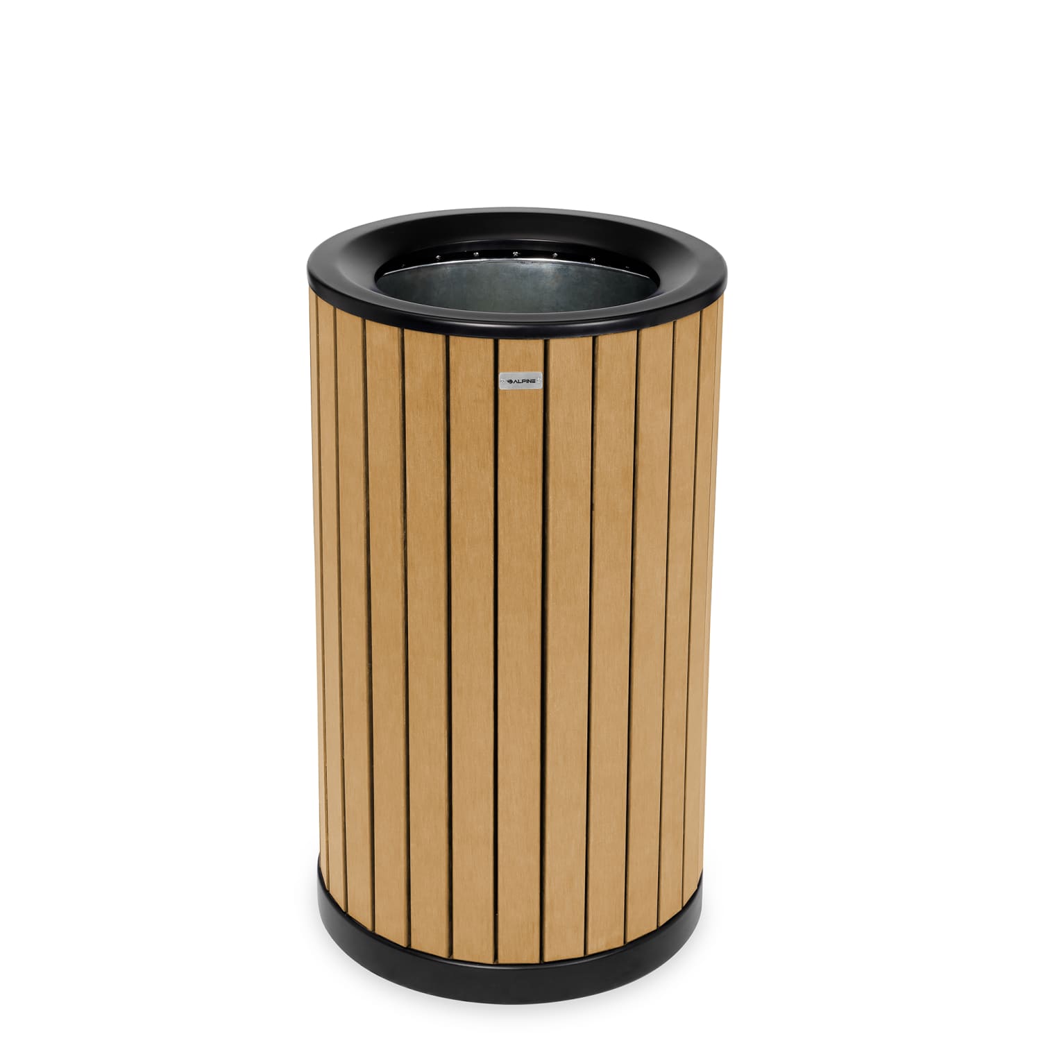 Alpine Slatted Recycled Plastic Panel Round Outdoor Trash Can, 32 Gallon, 33-7/8inH x 20inW x 20D, Cedar - Image 3