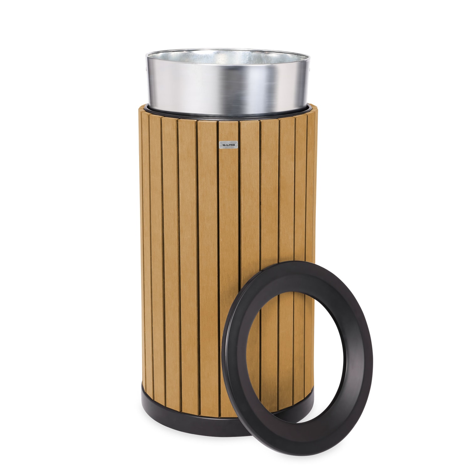 Alpine Slatted Recycled Plastic Panel Round Outdoor Trash Can, 32 Gallon, 33-7/8inH x 20inW x 20D, Cedar - Image 5
