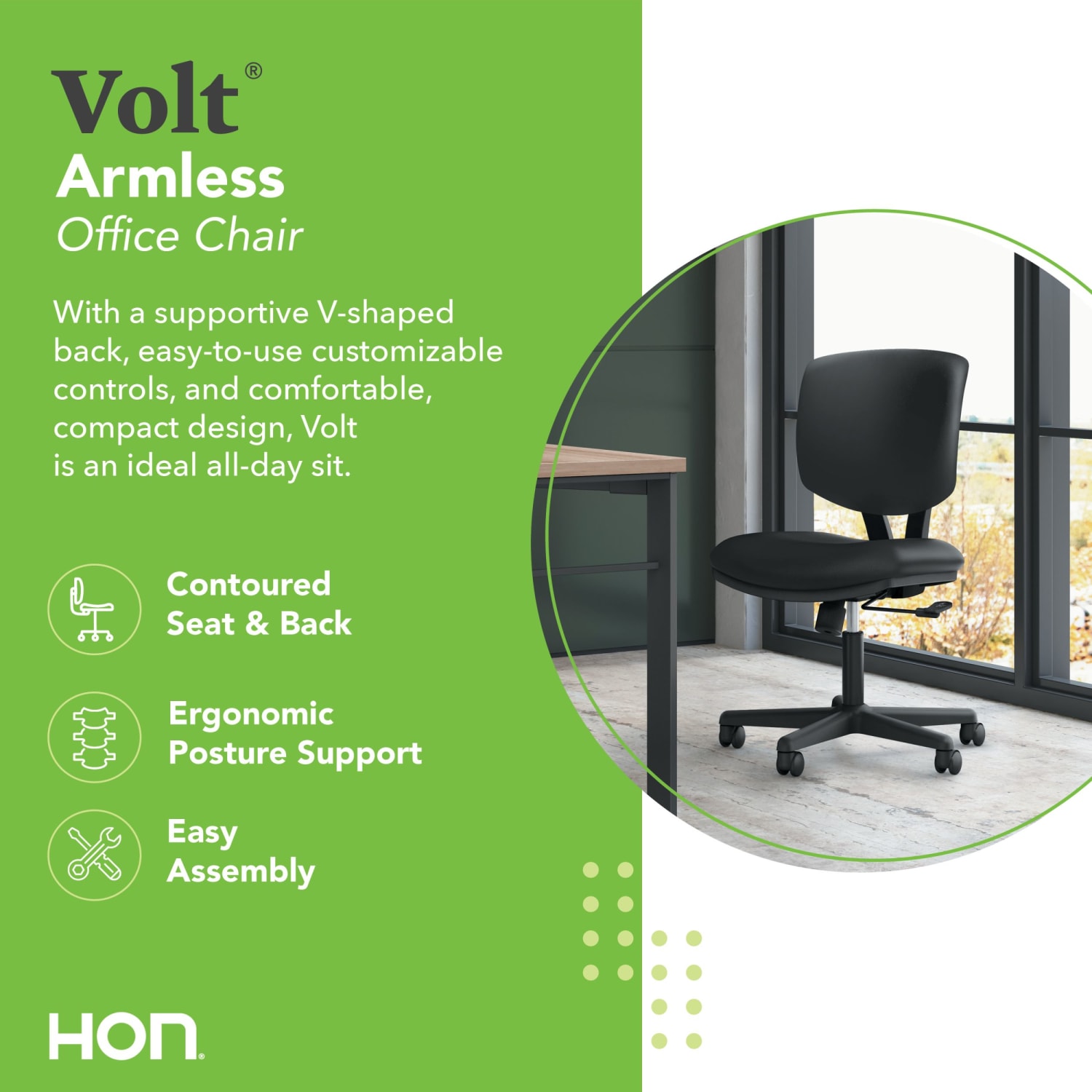 HON Volt 5701 SofThread Bonded Leather Tilt Mid-Back Task Chair, Black - Image 4