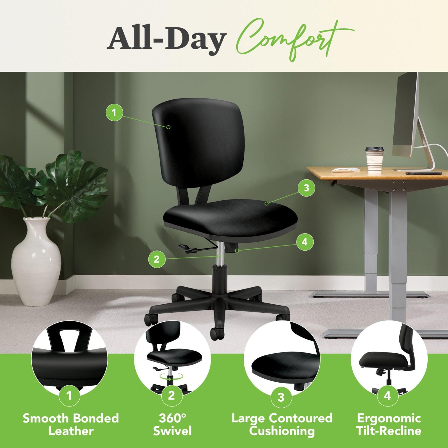 HON Volt 5701 SofThread Bonded Leather Tilt Mid-Back Task Chair, Black - Image 5