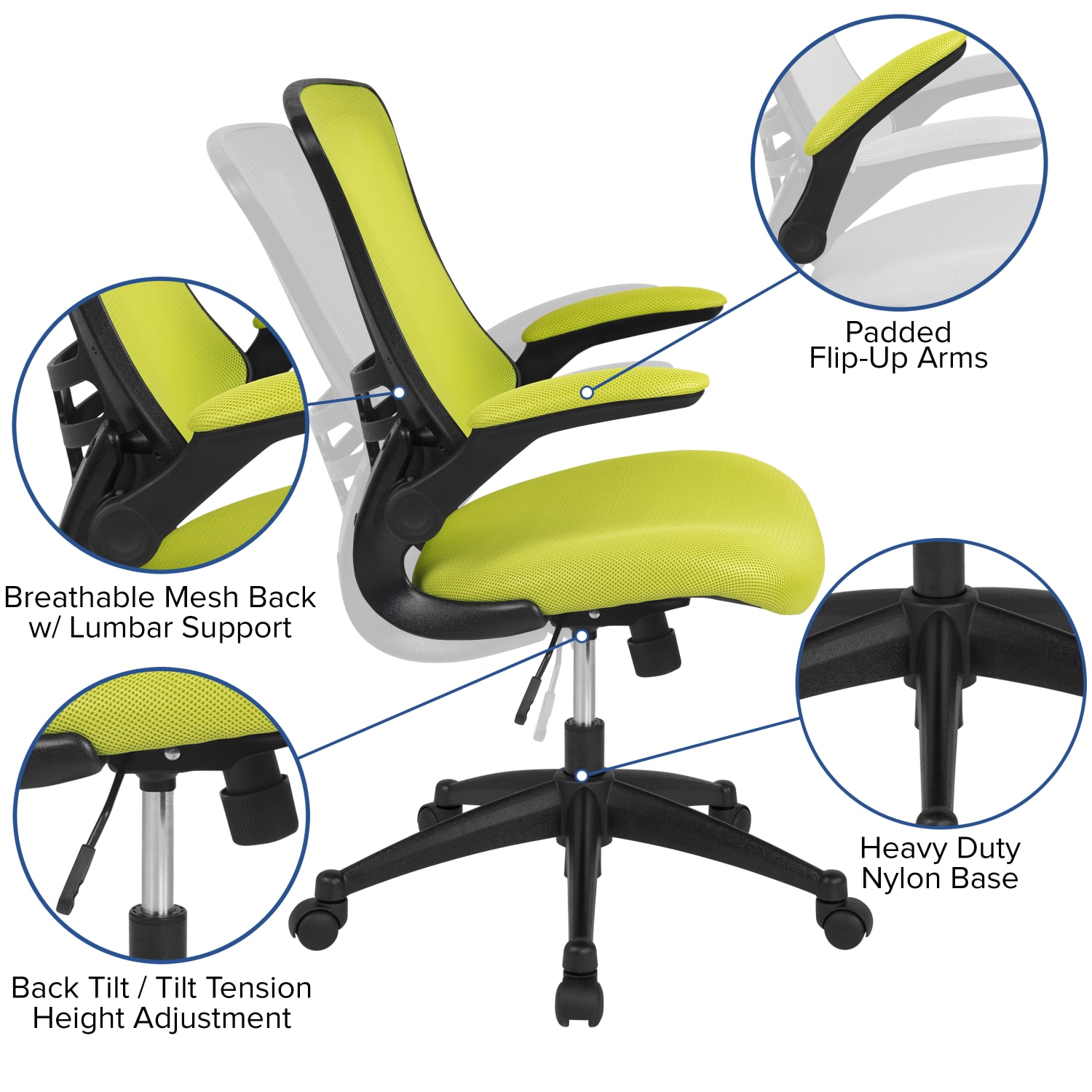 Flash Furniture Mesh Mid-Back Swivel Task Chair With Flip-Up Arms, Green/Black - Image 4