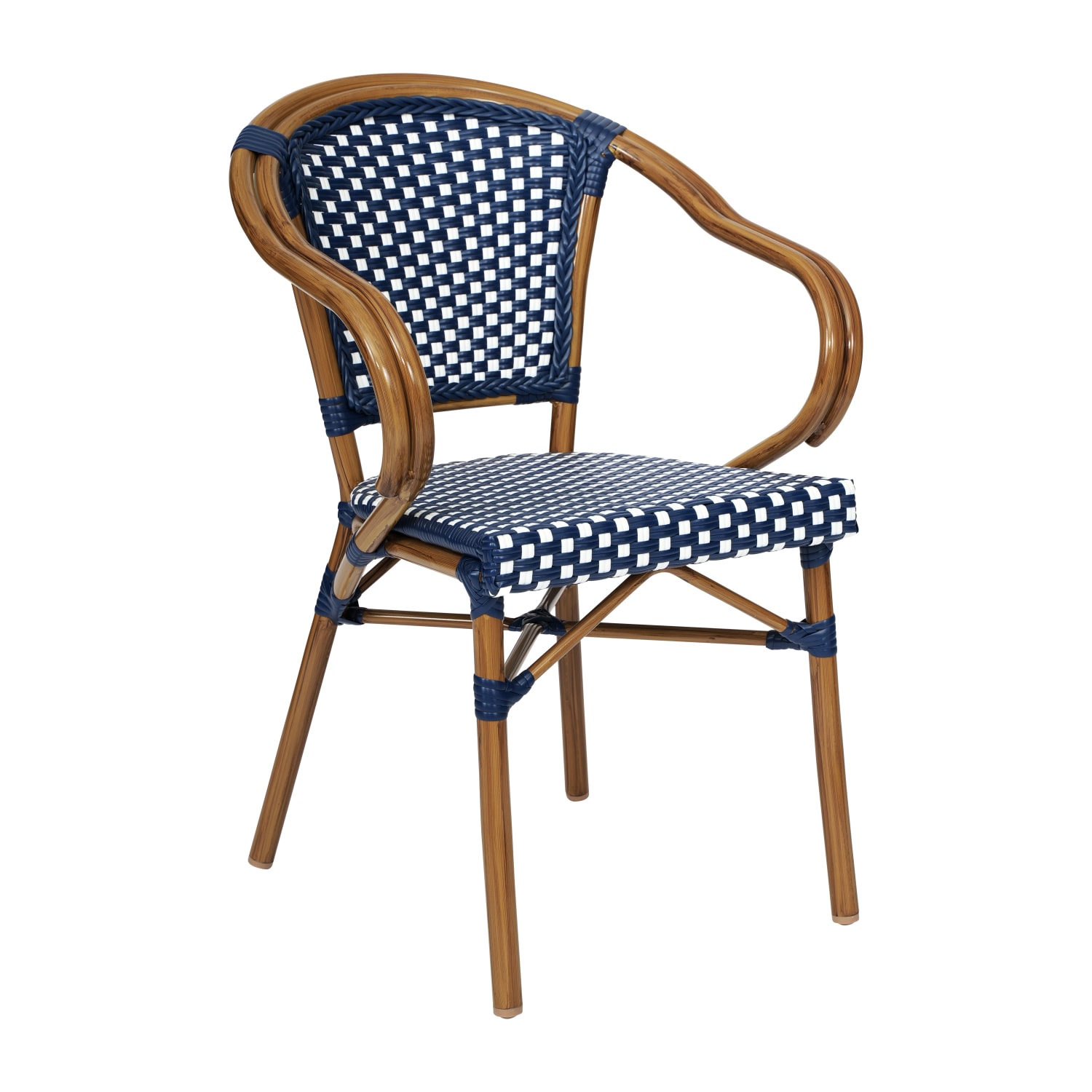 Flash Furniture Bordeaux Indoor/Outdoor Commercial Bistro Stacking Chair with Arms, Navy & White/Natural Frame - SDAS642142NVWN