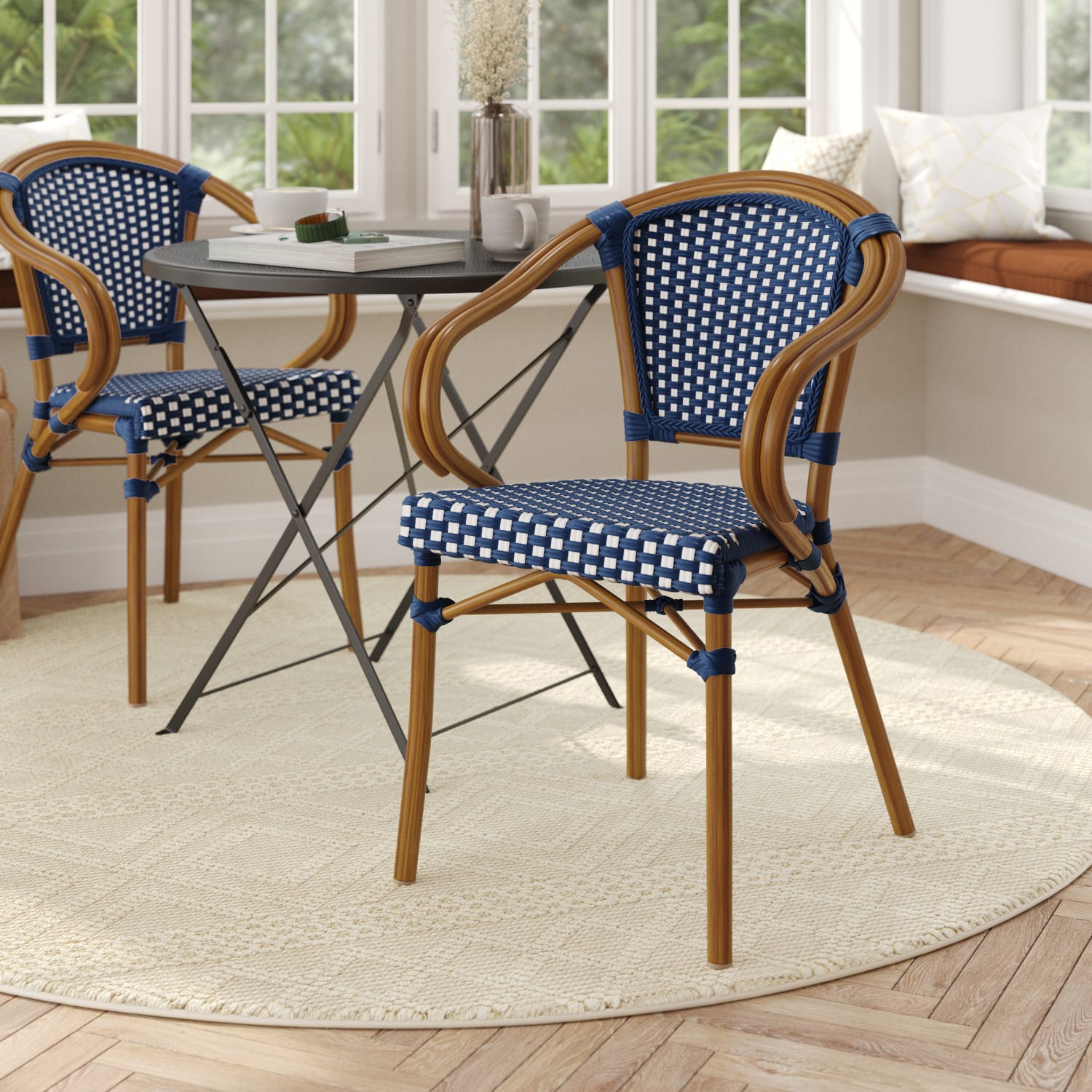 Flash Furniture Bordeaux Indoor/Outdoor Commercial Bistro Stacking Chair with Arms, Navy & White/Natural Frame - SDAS642142NVWN - Image 3