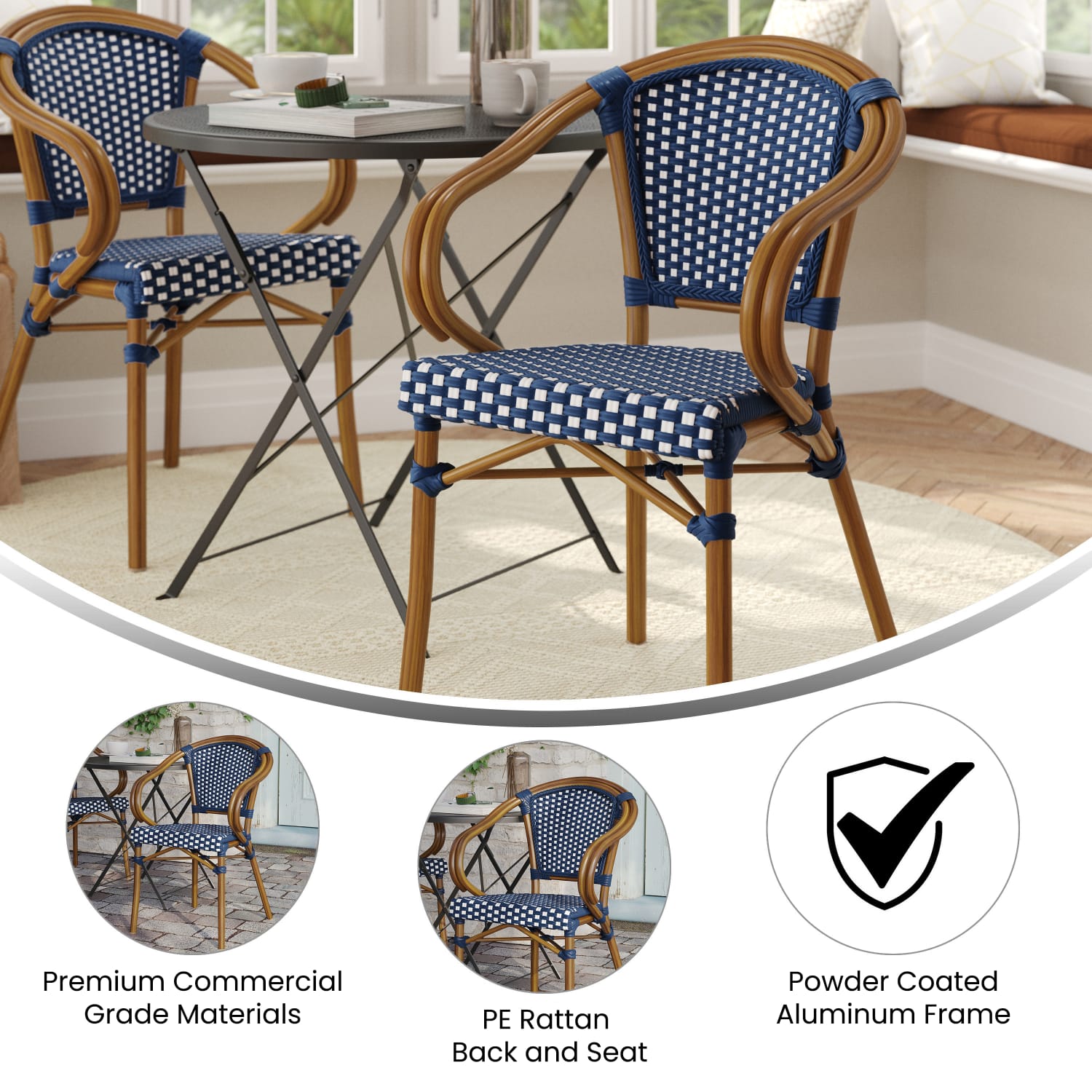 Flash Furniture Bordeaux Indoor/Outdoor Commercial Bistro Stacking Chair with Arms, Navy & White/Natural Frame - SDAS642142NVWN - Image 4