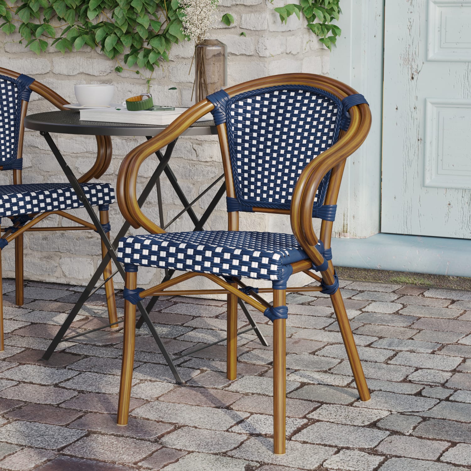Flash Furniture Bordeaux Indoor/Outdoor Commercial Bistro Stacking Chair with Arms, Navy & White/Natural Frame - SDAS642142NVWN - Image 5