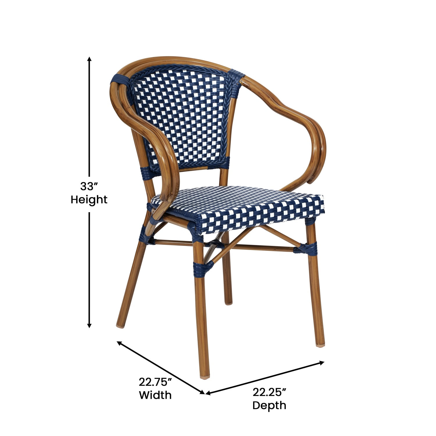 Flash Furniture Bordeaux Indoor/Outdoor Commercial Bistro Stacking Chair with Arms, Navy & White/Natural Frame - SDAS642142NVWN - Image 6