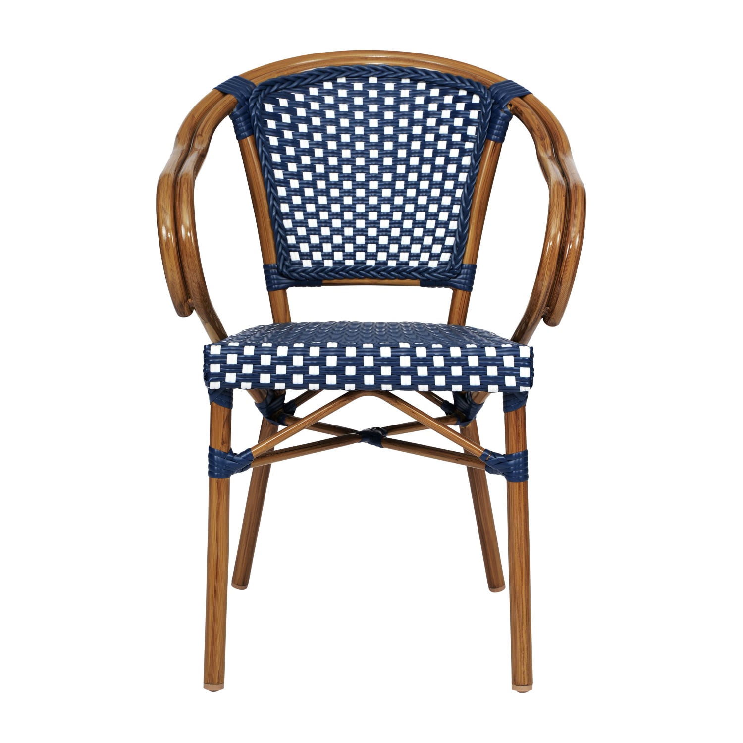 Flash Furniture Bordeaux Indoor/Outdoor Commercial Bistro Stacking Chair with Arms, Navy & White/Natural Frame - SDAS642142NVWN - Image 10