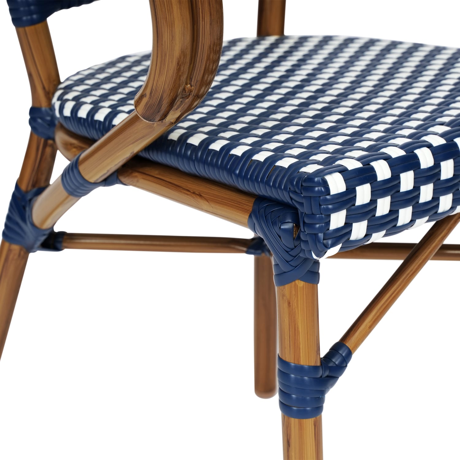 Flash Furniture Bordeaux Indoor/Outdoor Commercial Bistro Stacking Chair with Arms, Navy & White/Natural Frame - SDAS642142NVWN - Image 13