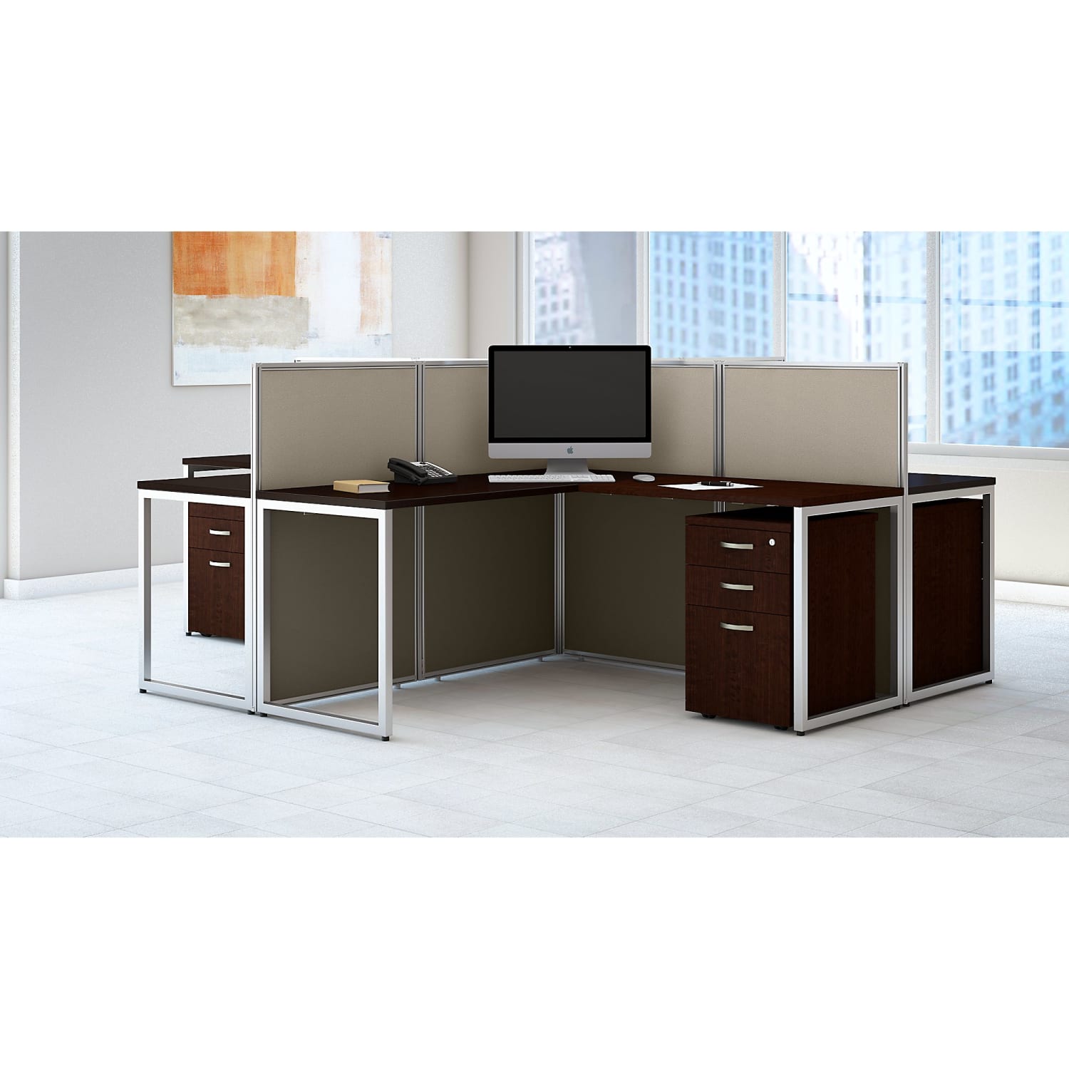 Bush Business Furniture Easy Office 60inW 4-Person L-Desk Open Office With Four 3-Drawer Mobile Pedestals, 44 15/16inH x 119 1/8inW x 119 1/8inD, Mocha Cherry, Standard Delivery - Image 3