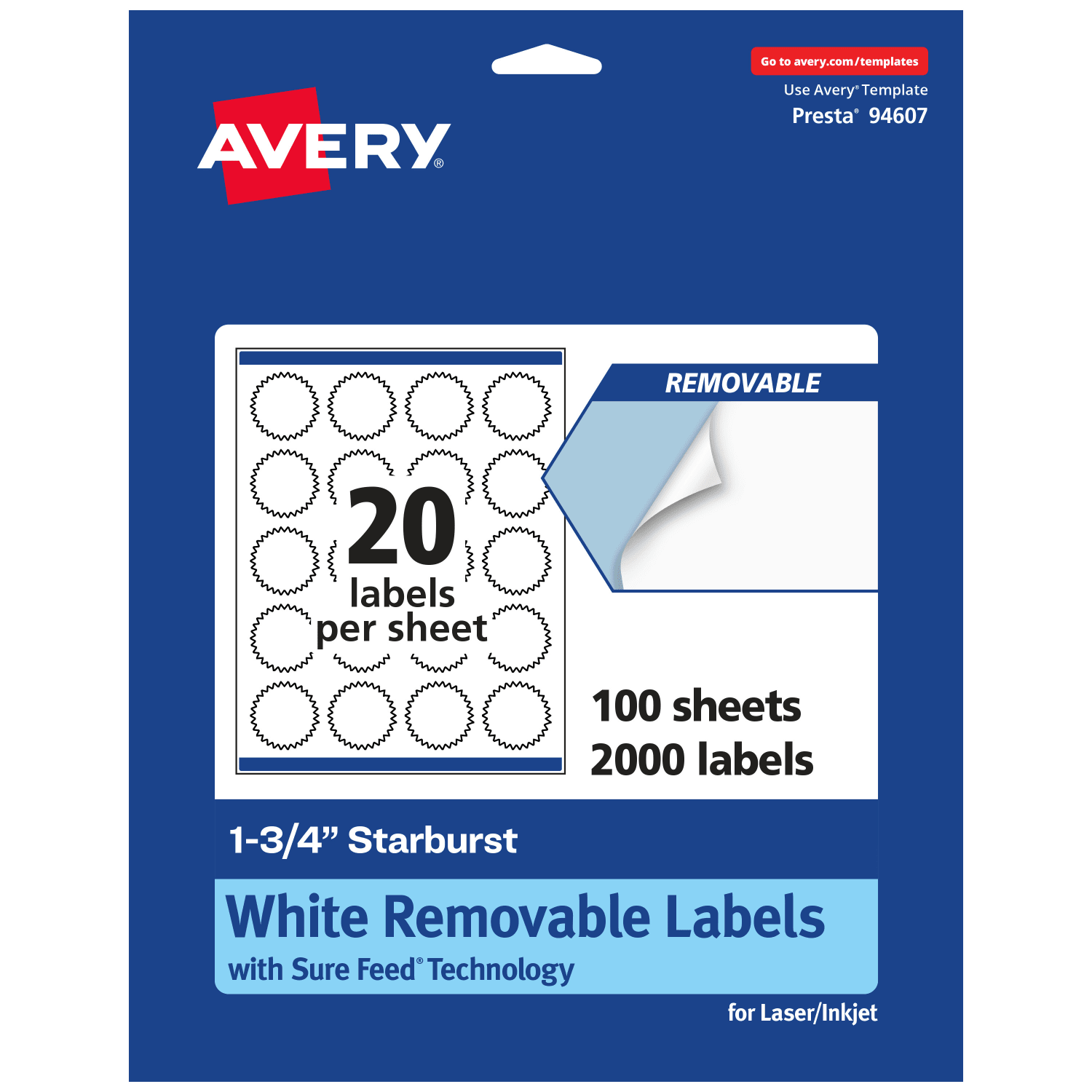 Avery Removable Labels With Sure Feed, 94607-RMP100, Starburst, 1-3/4in, White, Pack Of 2,000 Labels