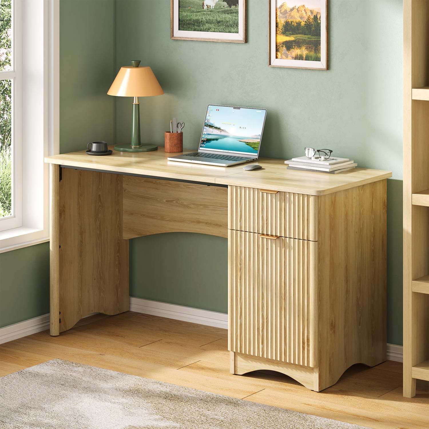 Bestier 48inW Writing Computer Desk With Drawer And Adjustable Storage Cabinet, Natural Oak