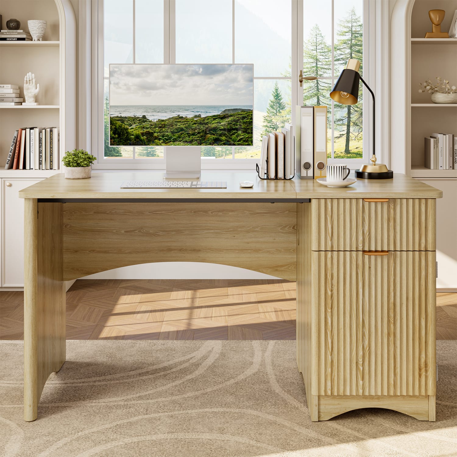 Bestier 48inW Writing Computer Desk With Drawer And Adjustable Storage Cabinet, Natural Oak - Image 4