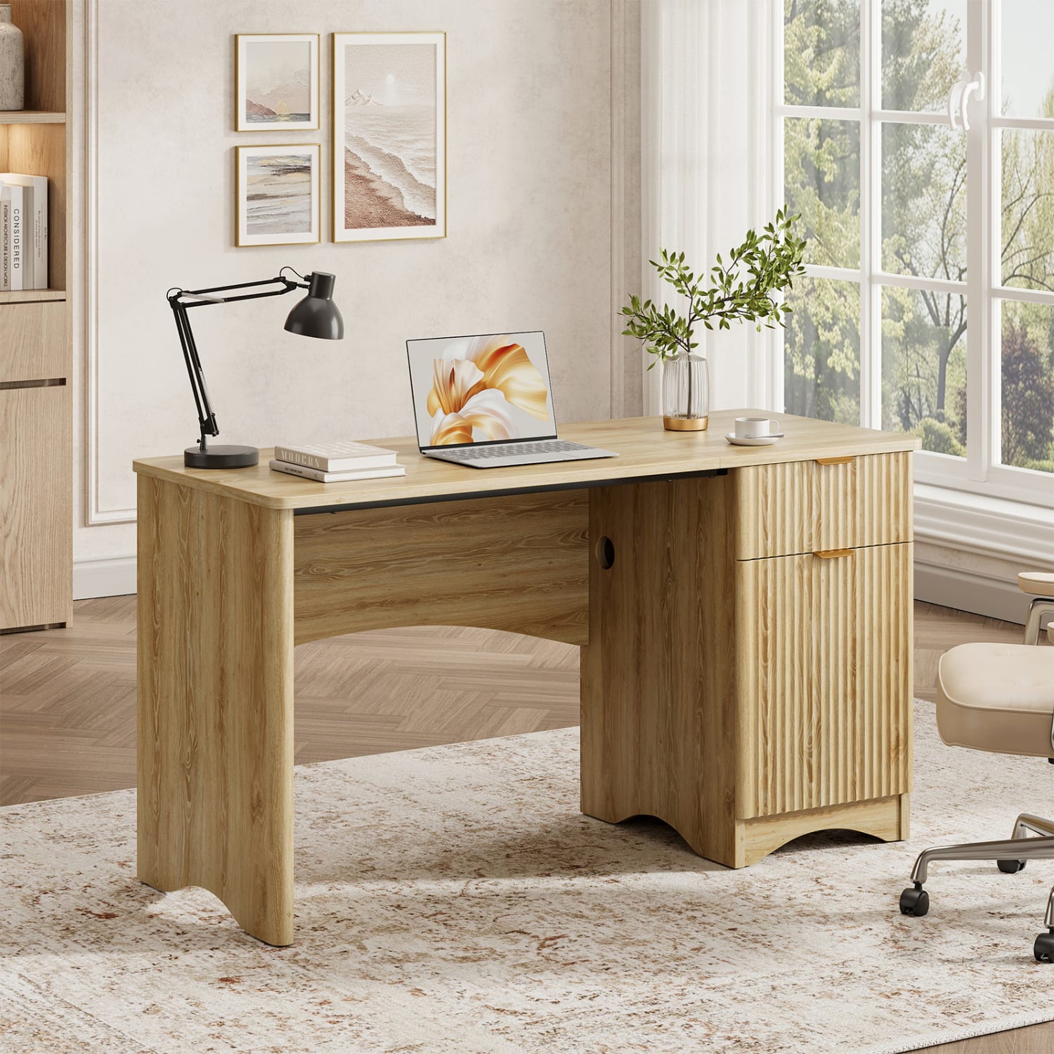 Bestier 48inW Writing Computer Desk With Drawer And Adjustable Storage Cabinet, Natural Oak - Image 5