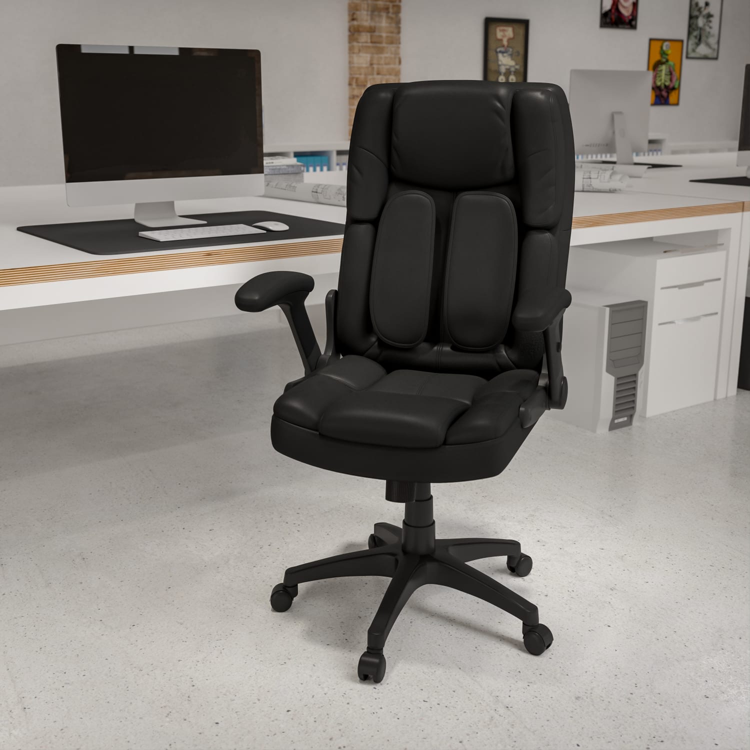 Flash Furniture Extreme Comfort Ergonomic LeatherSoft High-Back Executive Office Chair With Flip-Up Arms, Black