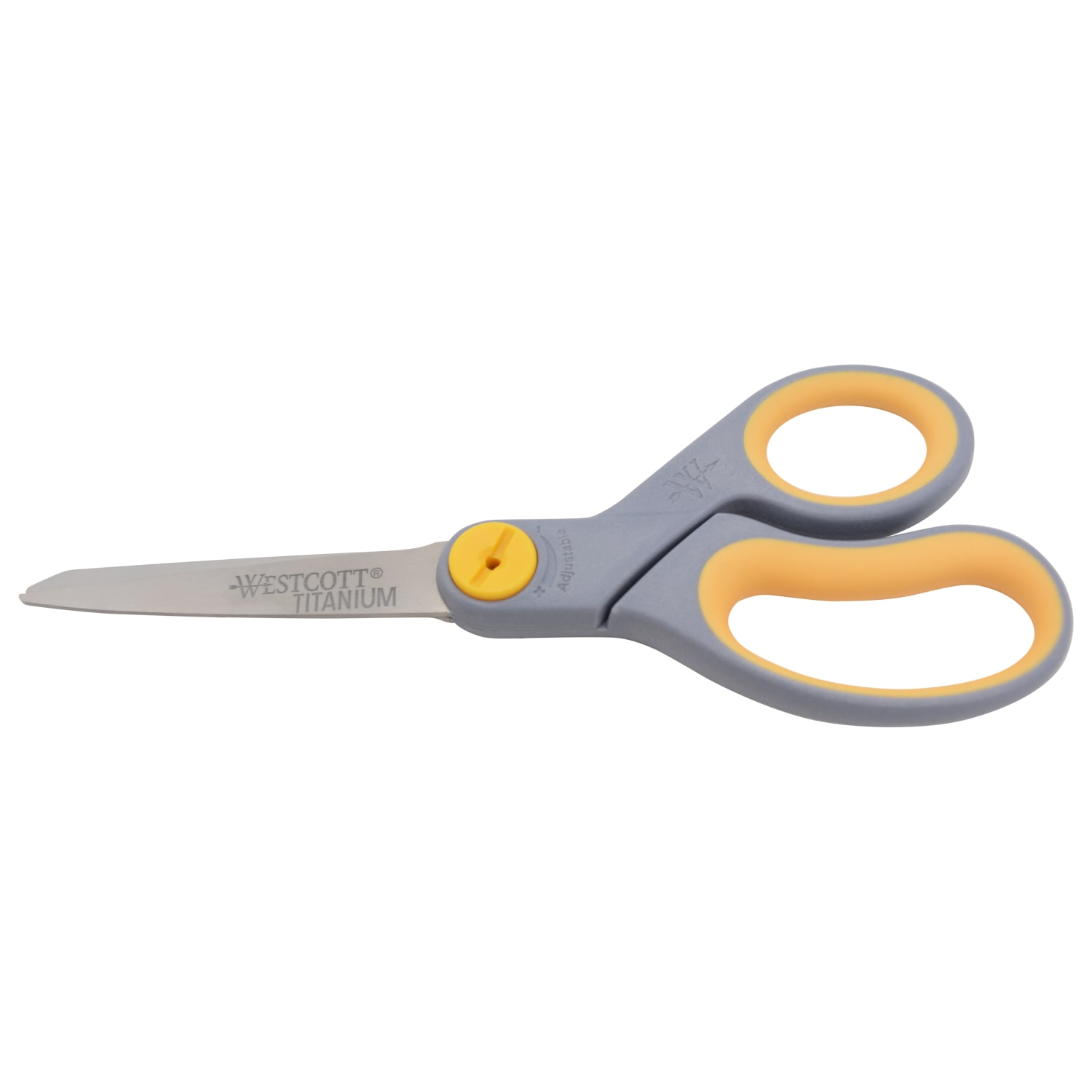 Westcott Titanium Bonded Scissors, 8in, Straight, Soft Handle, Adjustable Glide, Pointed, Gray/Yellow - Image 5