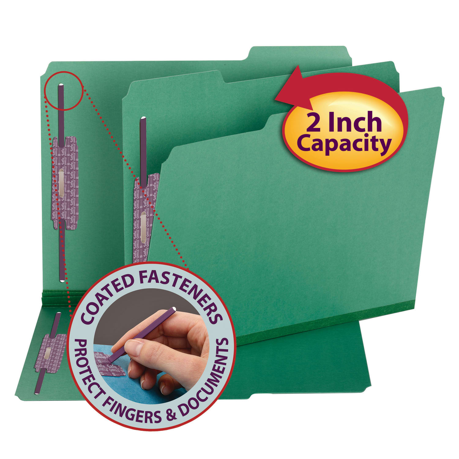 Smead Color Pressboard Fastener Folders With SafeSHIELD Coated Fasteners, Letter Size, 1/3 Cut, Green, Box Of 25 - Image 3
