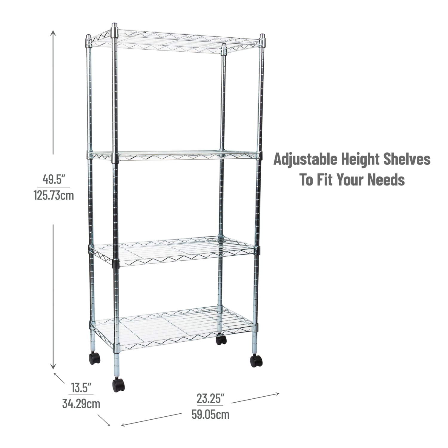 Mind Reader Metal Adjustable 4-Tier Industrial Storage Shelves with Wheels, 49-1/2inH x 13-1/2inW x 23-1/4inL, Silver - Image 4