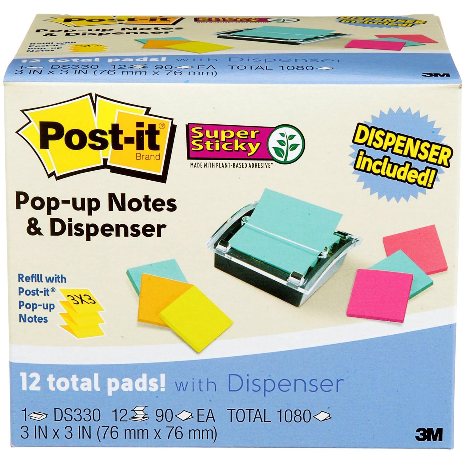 Post-it Super Sticky Pop Up Notes with Black Dispenser, 3 in x 3 in, 12 Pads, 90 Sheets/Pad, 2x the Sticking Power, School and Office Supplies - Image 3