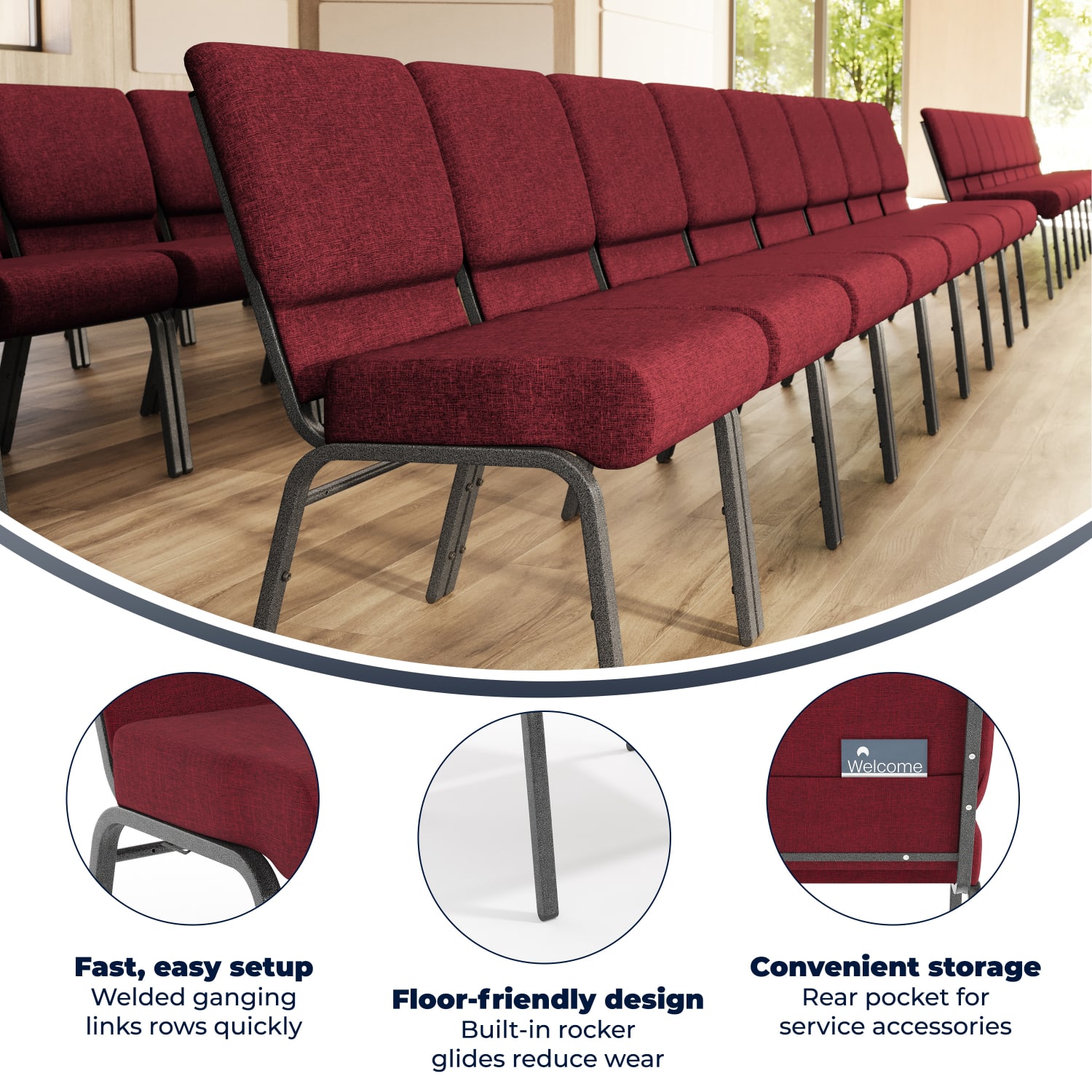 Flash Furniture HERCULES Series 21inW Stackable Church Chair, Crimson/Silvervein - Image 4