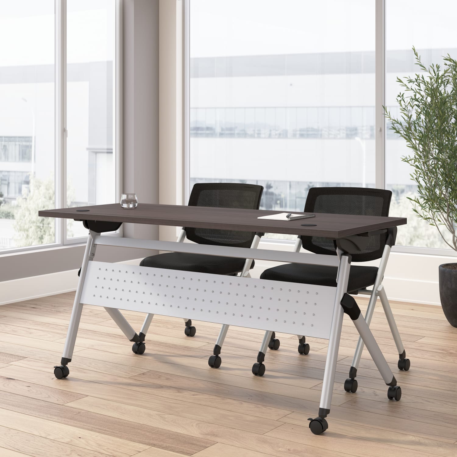 Bush Business Furniture Envision 60inW Folding Training Table and 2 Folding Chairs, Storm Gray/Cool Gray Metallic, Standard Delivery