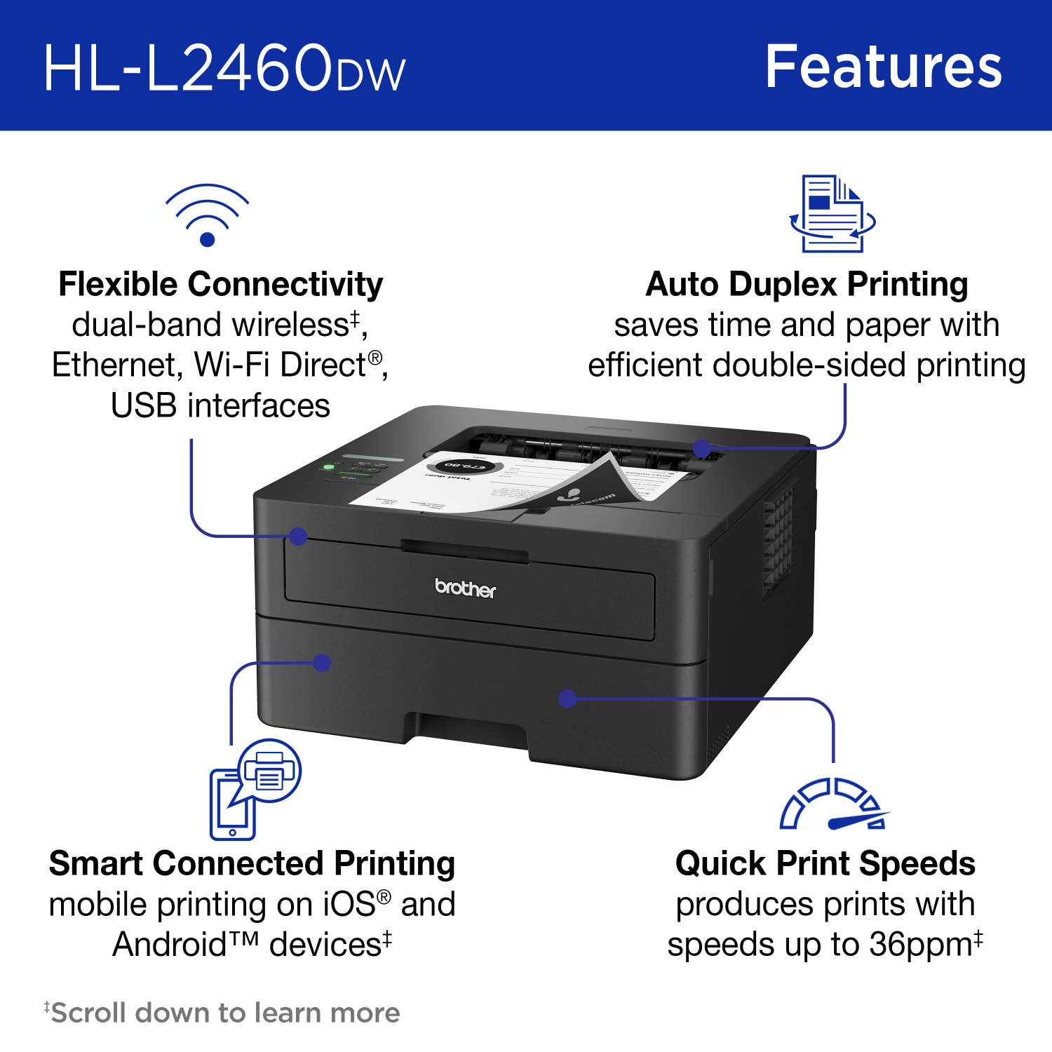 Brother HL-L2460DW Wireless Compact Monochrome Laser Printer, Duplex and Mobile Printing, Refresh EZ Print Eligibility - Image 3
