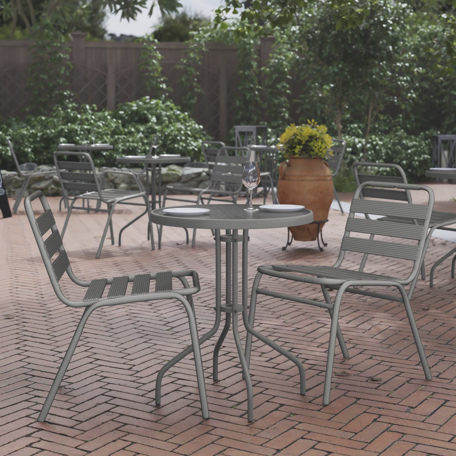 Flash Furniture Bellamy Round Tempered Glass Metal Outdoor Furniture Table, 28inH x 23-3/4inW x 23-3/4inD, Clear/Silver