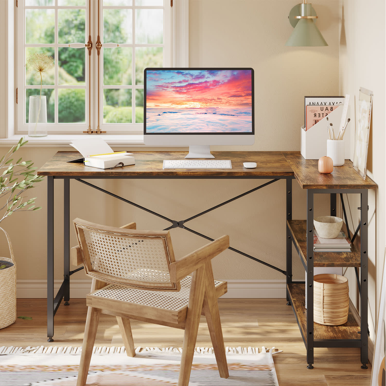 Bestier L-Shaped Corner Desk With Storage Shelf, 56inW, Rustic Brown - Image 5