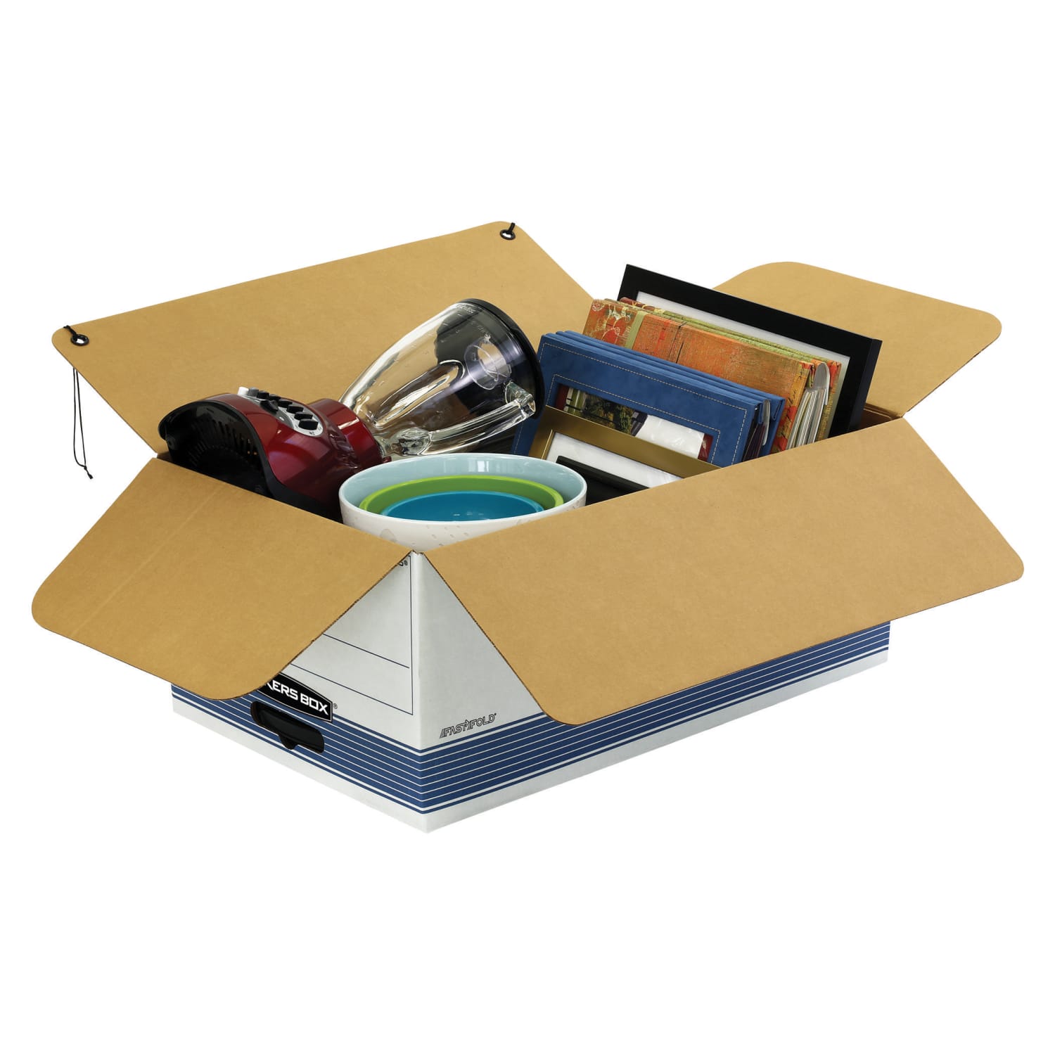 Bankers Box Stor/File FastFold Medium-Duty Storage Boxes With String & Button Closure and Built-In Handles, Legal Size, 24D x 15in x 10in, 60% Recycled, White/Blue, Case Of 4 - Image 4