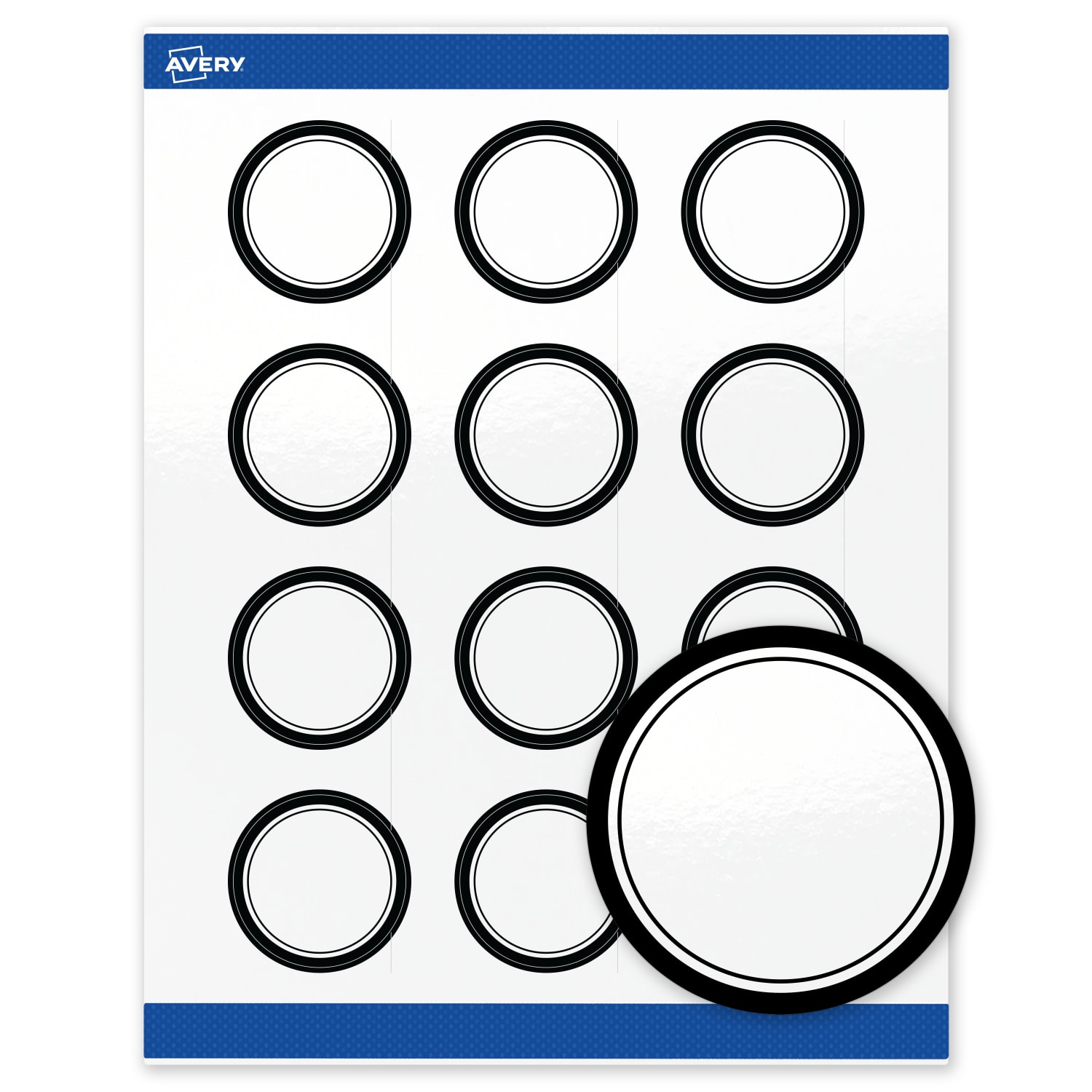 Avery Print-To-The-Edge Labels & Sure Feed, S00-D2B-PRWGP10, 2in Round, Glossy White, Preprinted Double Black Border Design, Pack Of 120 - Image 3