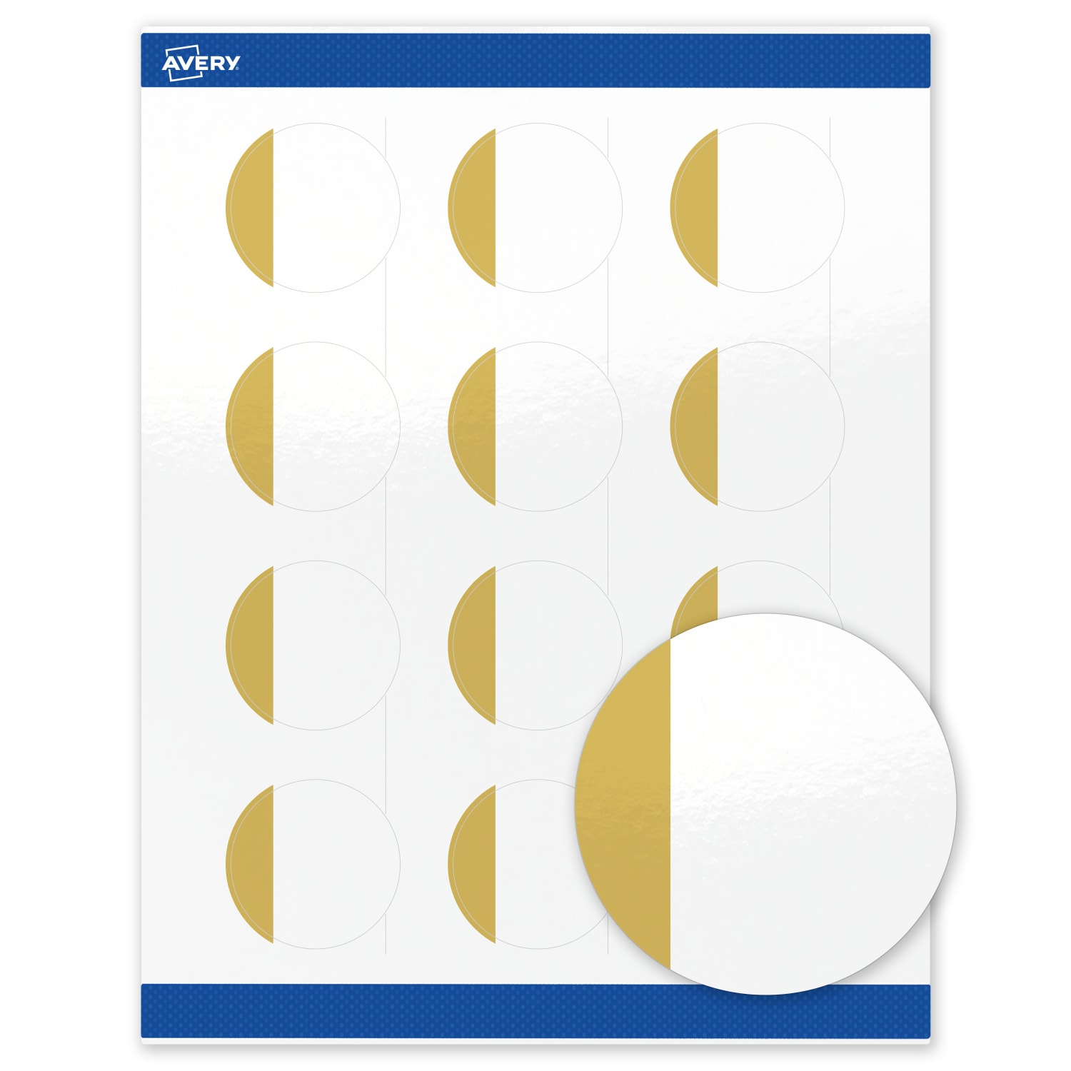 Avery Print-To-The-Edge Labels With Sure Feed Technology, S00-D1Q-PRWGP10, Round, 2in, Glossy White, Preprinted Dipped Gold Edge Design, Pack Of 120 - Image 3