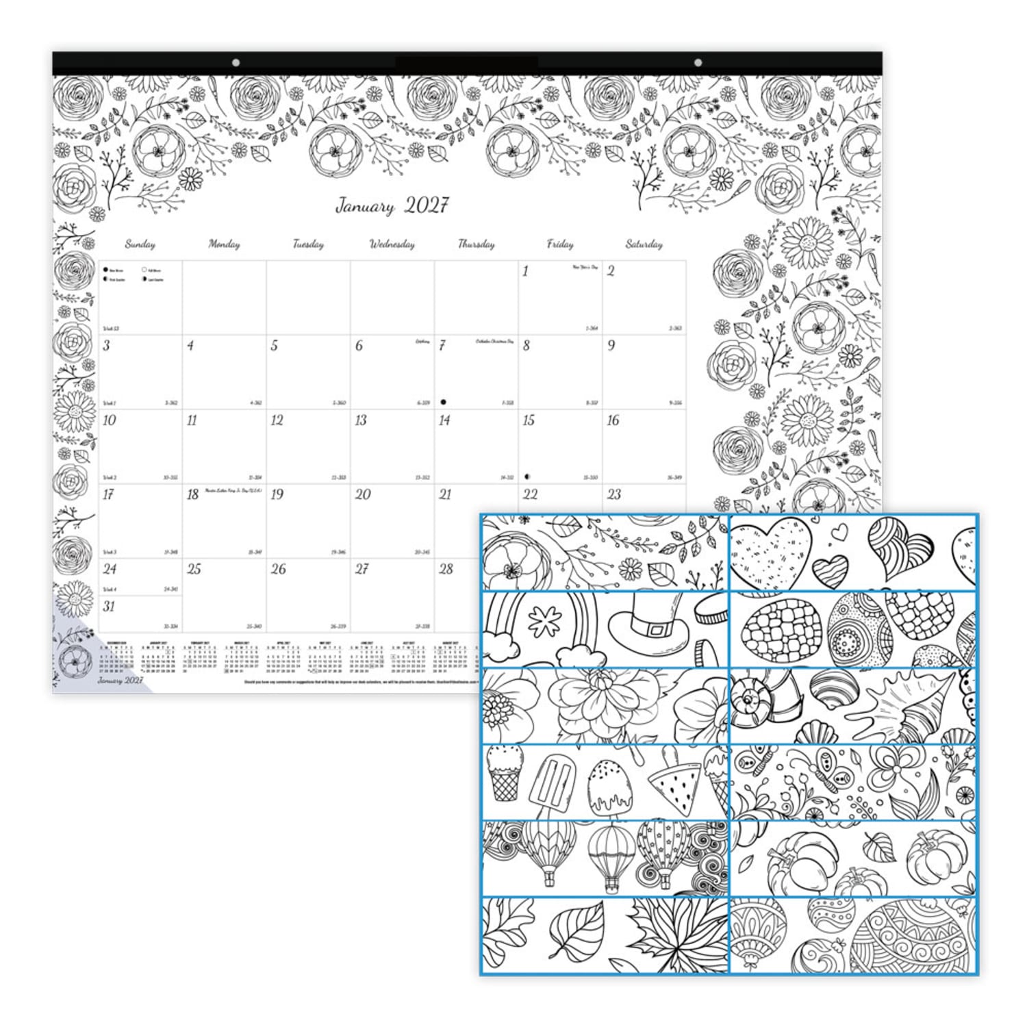 2027 Blueline DoodlePlan Monthly Desk Pad Coloring Calendar, 22in x 17in, January To December, C2917311, Total Qty 1