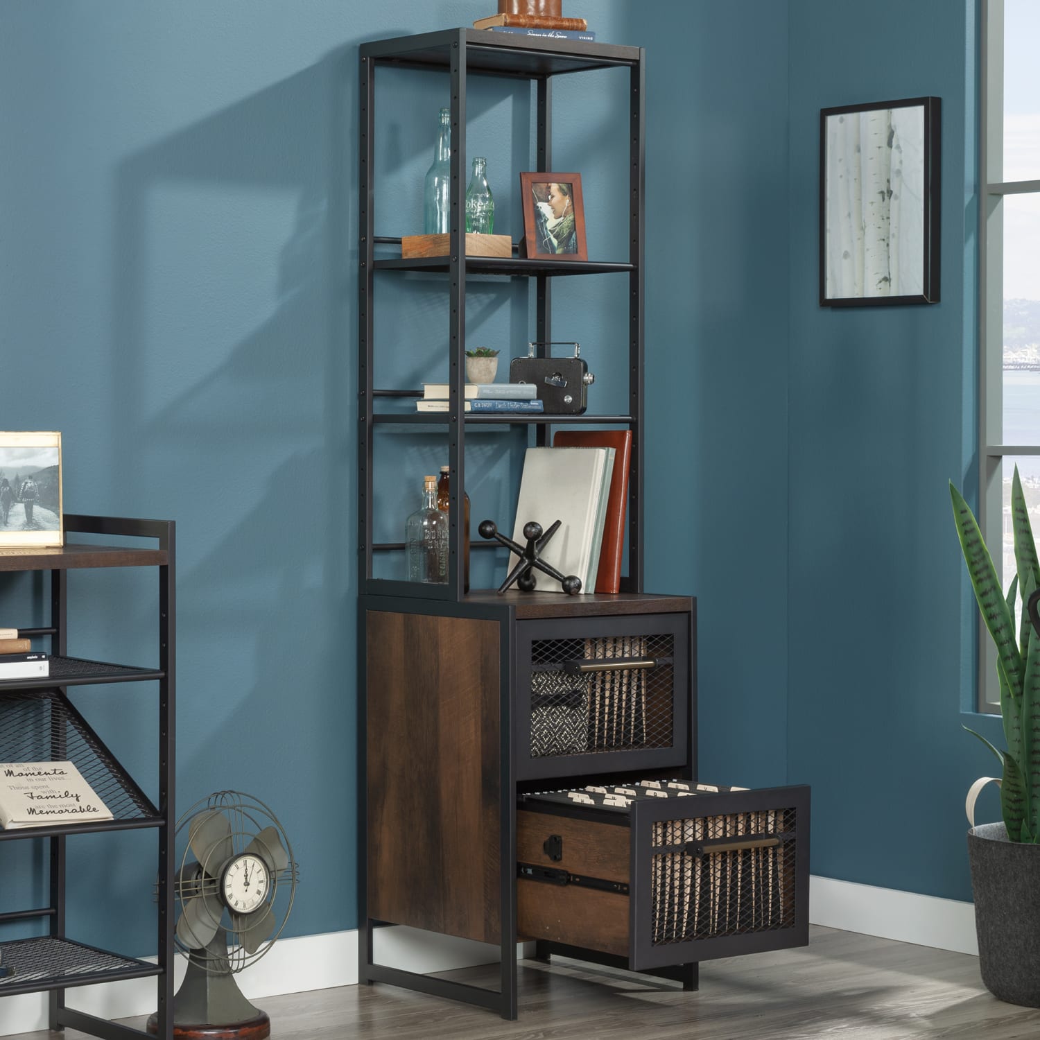 Sauder Briarbrook 19inD Vertical 2-Drawer File Cabinet With Bookcase Tower, Barrel Oak/Black - Image 5