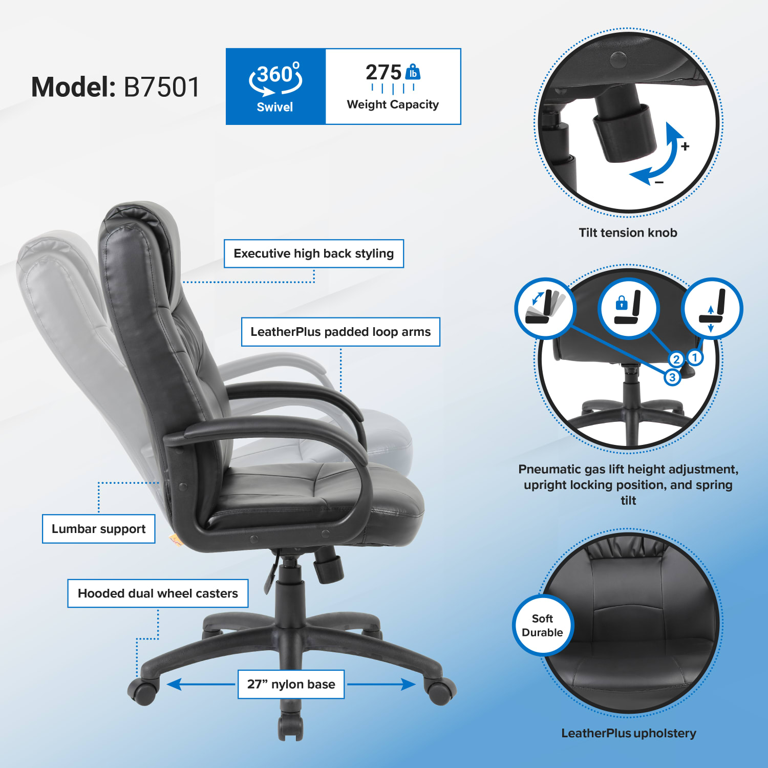 Boss Office Products Silhouette Ergonomic Bonded Leather High-Back Chair, Black - Image 3