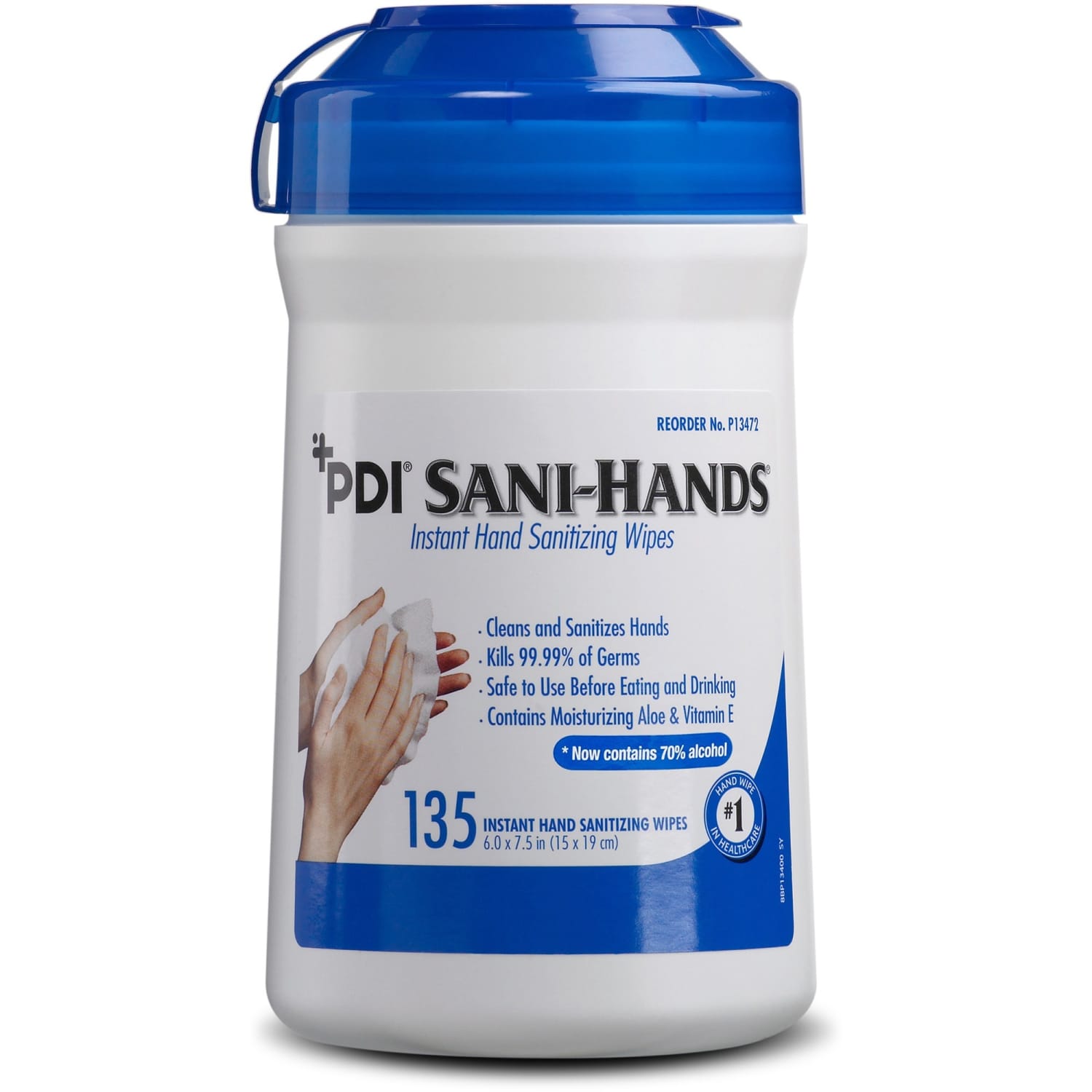 PDI Sani Hands Instant Hand Sanitizing Wipes  6in Width x 7.50in Length  White  135 Per Tub  1 Each