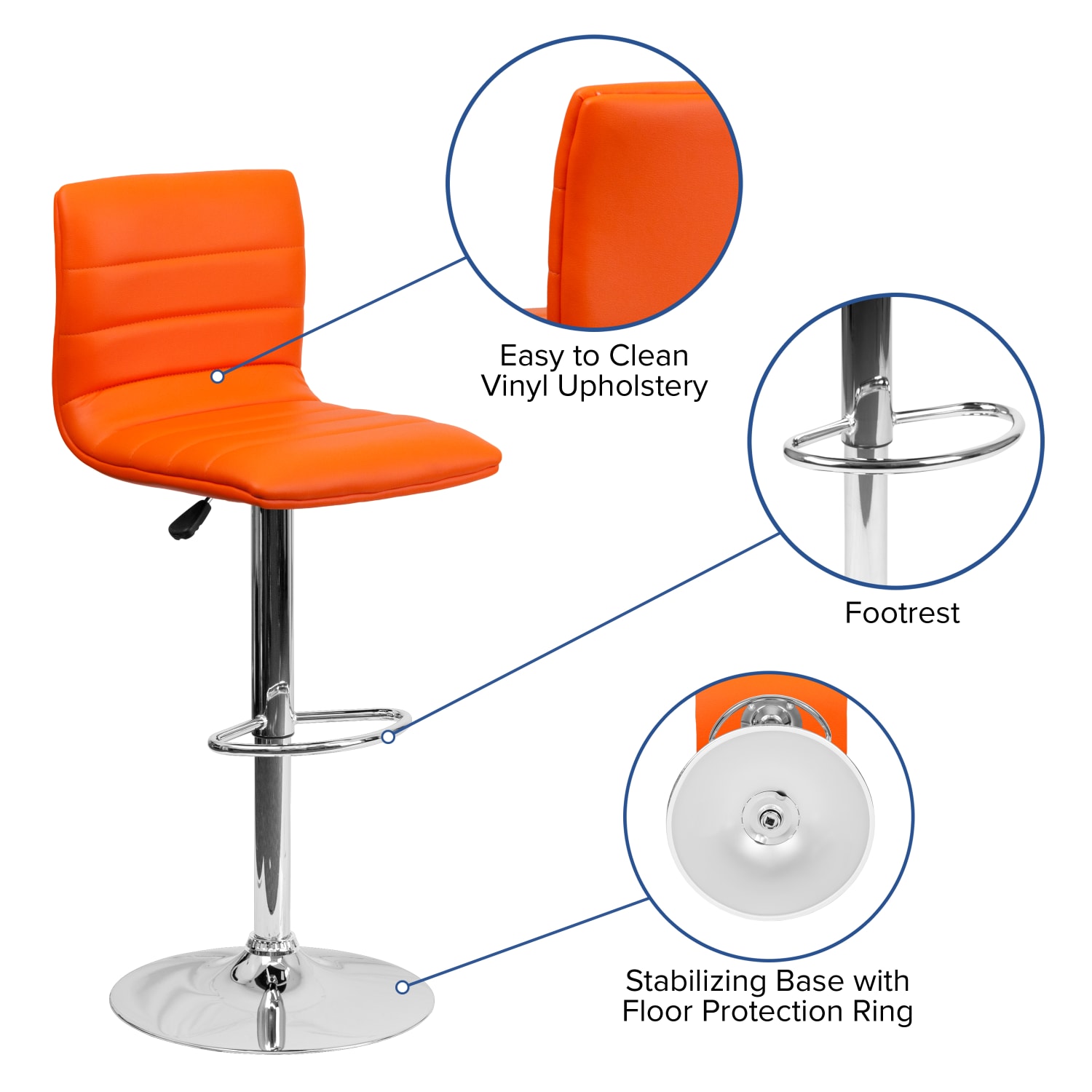 Flash Furniture Contemporary Adjustable Bar Stools, Orange Vinyl/Chrome Frame - Image 4