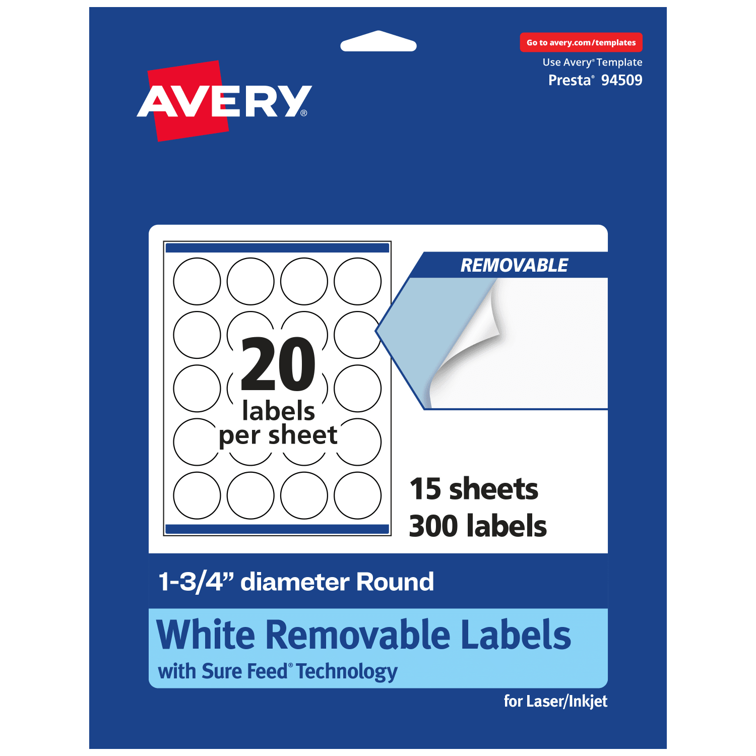 Avery Removable Labels With Sure Feed, 94509-RMP15, Round, 1-3/4in Diameter, White, Pack Of 300 Labels