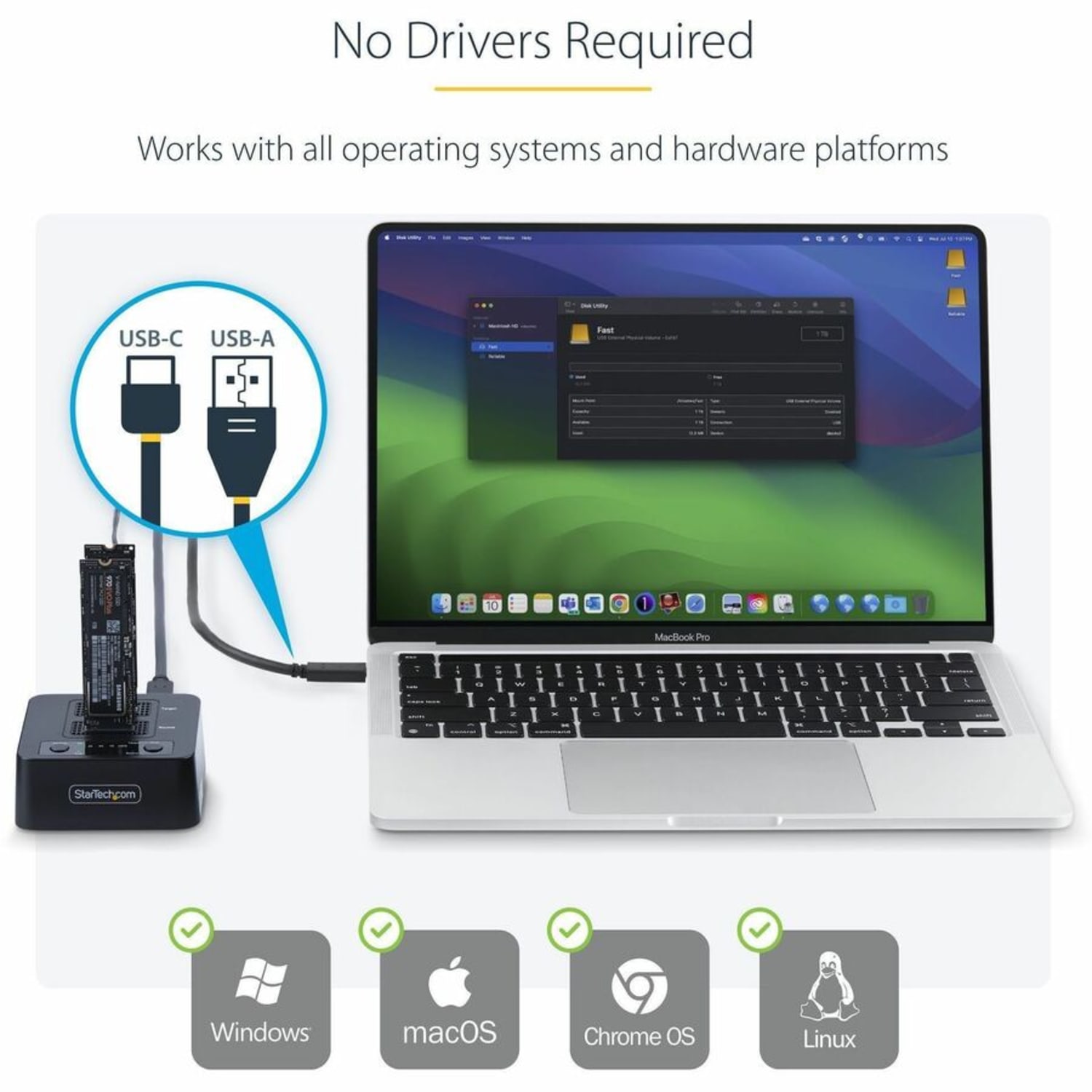 StarTech.com 1:1 M.2 NVMe Drive Duplicator, 90GBpm Standalone M.2 SSD Cloner/Copier, USB-C 3.2 20Gbps M.2 Dual-Bay Drive Docking Station - Image 4