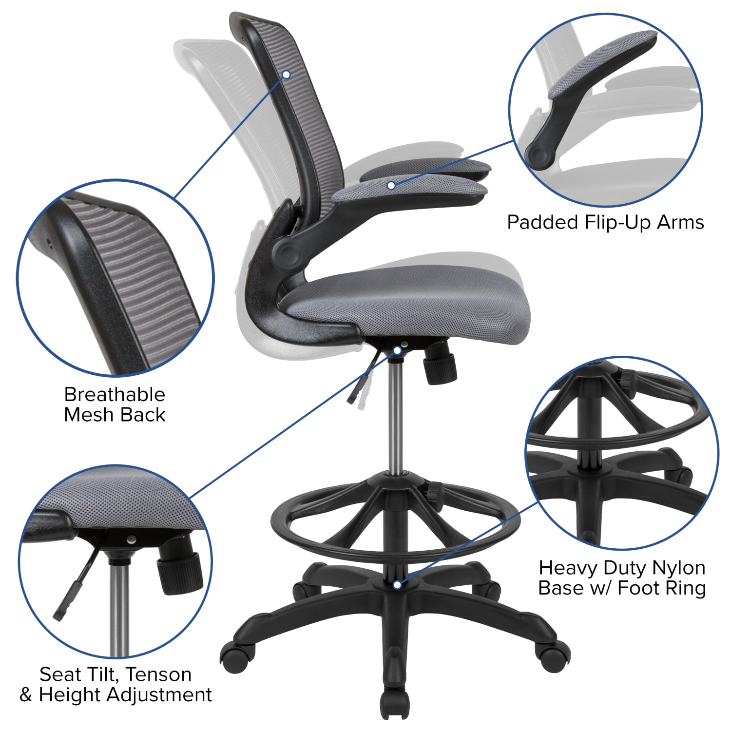 Flash Furniture Mid Back Mesh Ergonomic Drafting Chair with Adjustable Foot Ring and Flip Up Arms Dark Gray PopularChairscom