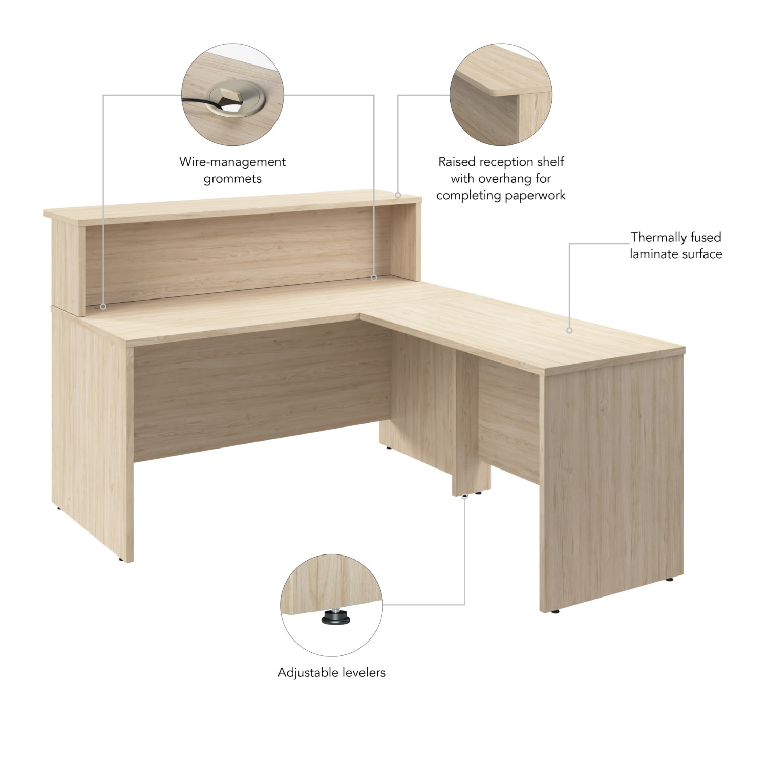 Bush Business Furniture Arrive 60inW L Shaped Reception Desk with Shelf, Natural Elm, Standard Delivery - Image 5