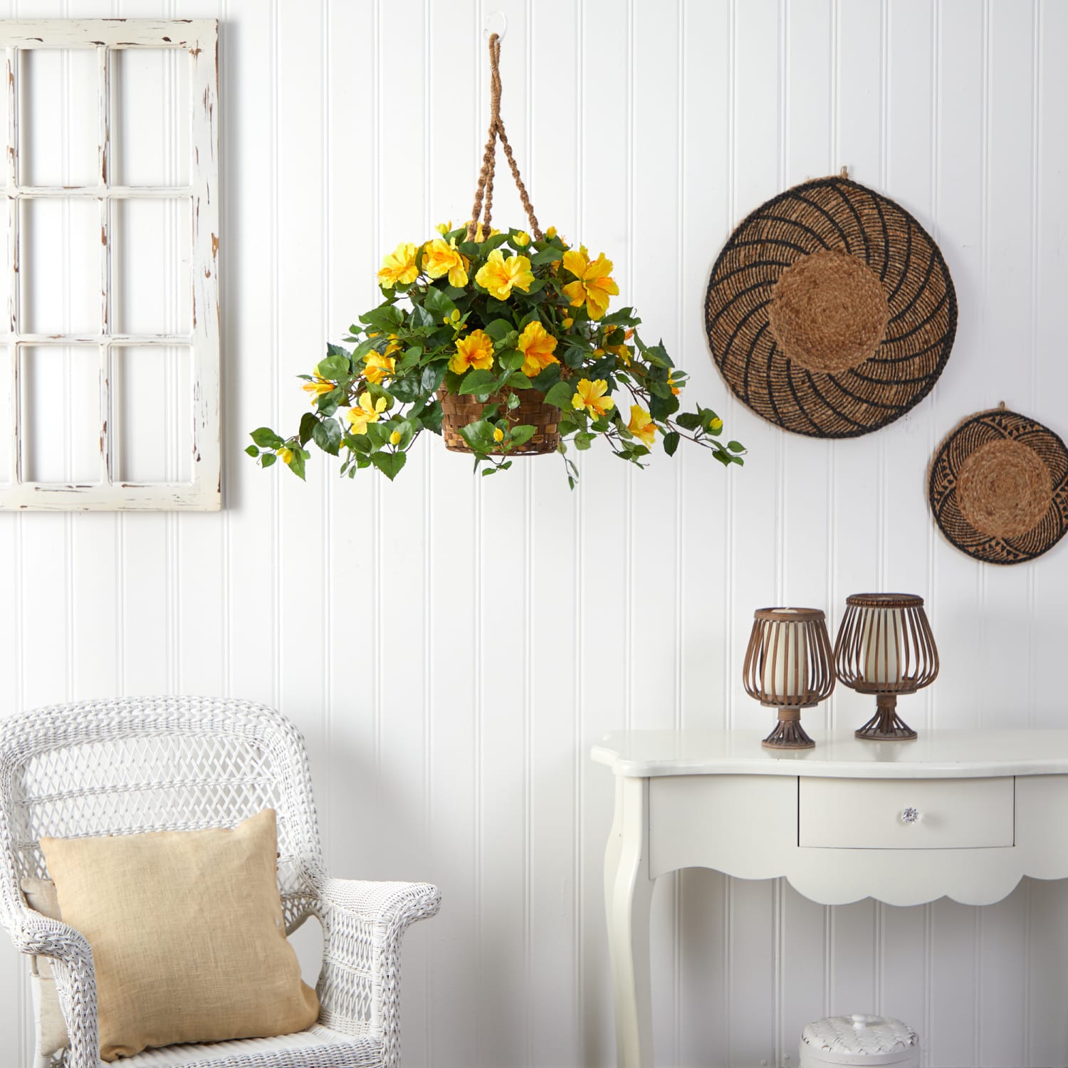 Nearly Natural Hibiscus 22inH Artificial Plant With Hanging Basket, 22inH x 28inW x 24inD, Yellow - Image 3
