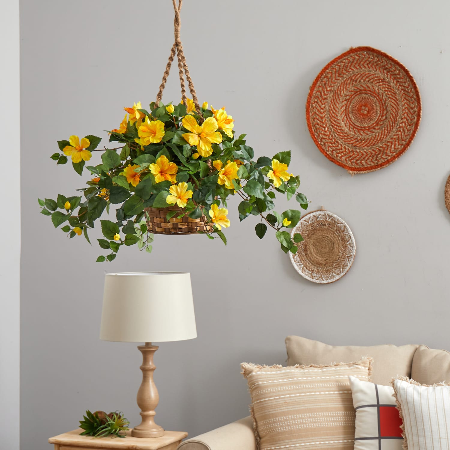 Nearly Natural Hibiscus 22inH Artificial Plant With Hanging Basket, 22inH x 28inW x 24inD, Yellow - Image 4