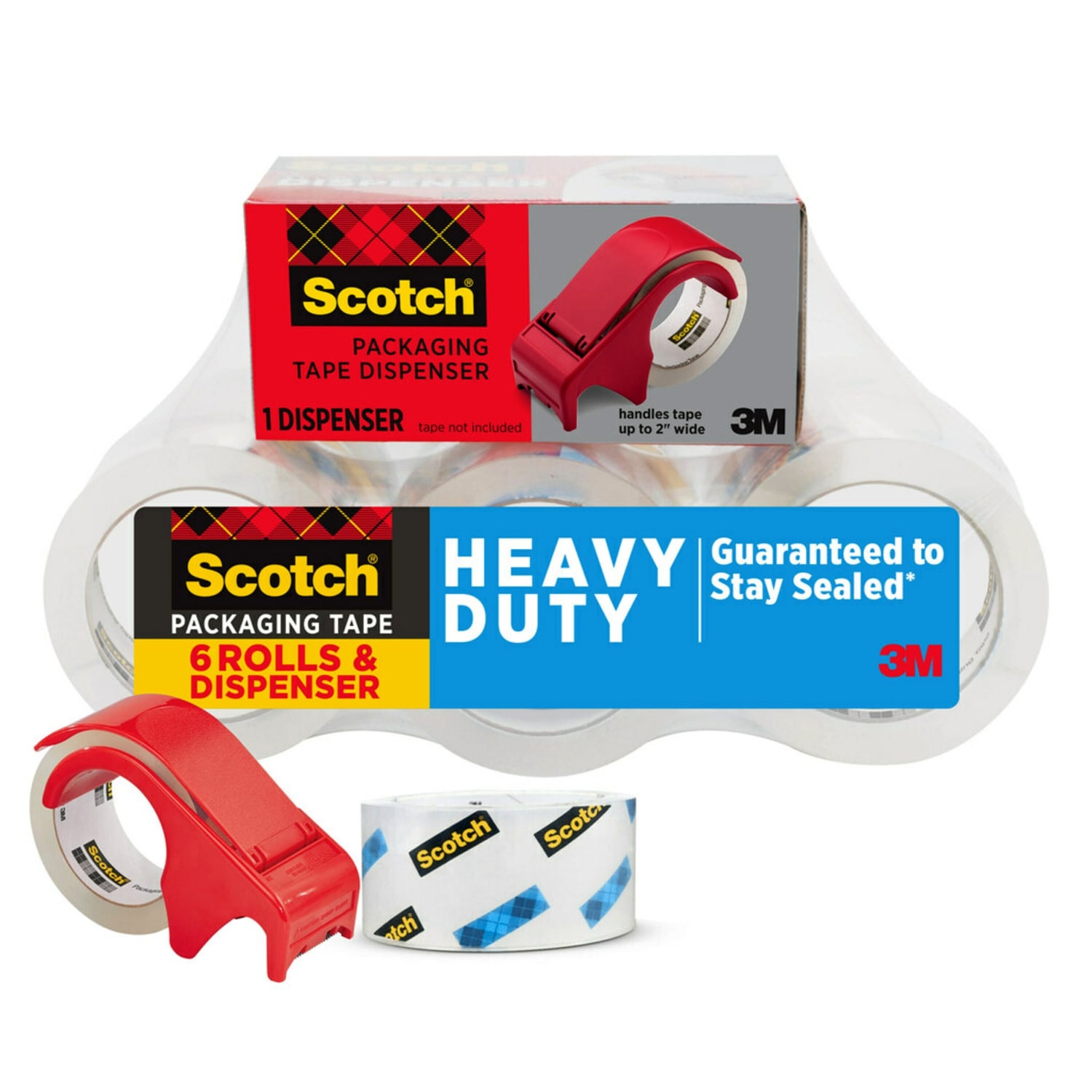 Scotch Heavy Duty Shipping Packing Tape, 6 Tape Rolls with 1 Dispenser, 1 7/8 in x 54.6 yd, 3in Core, Designed  - 38506BD